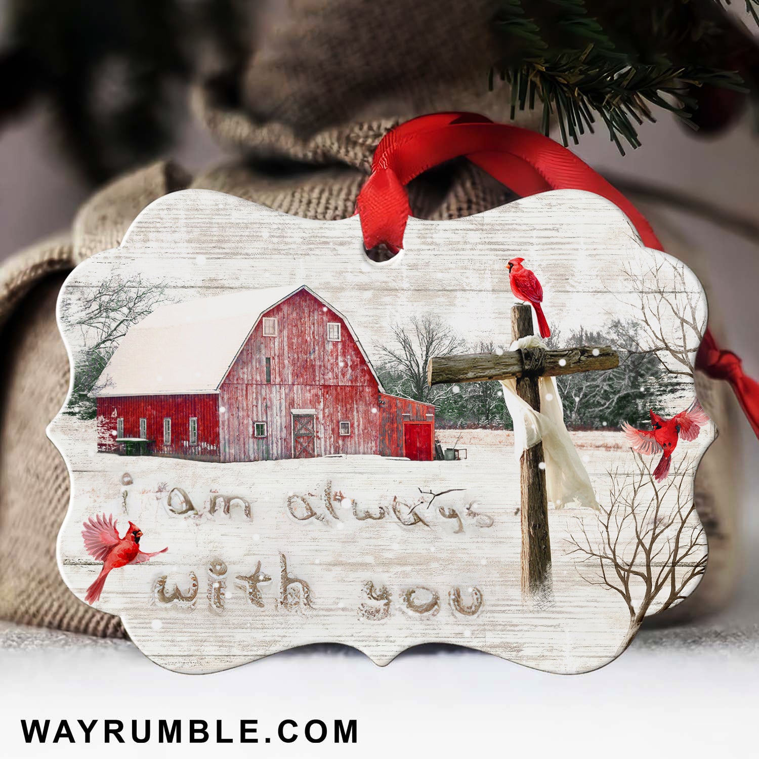 Red Barn Painting, I am always with you - Jesus, Cardinal, Winter Aluminum Ornament