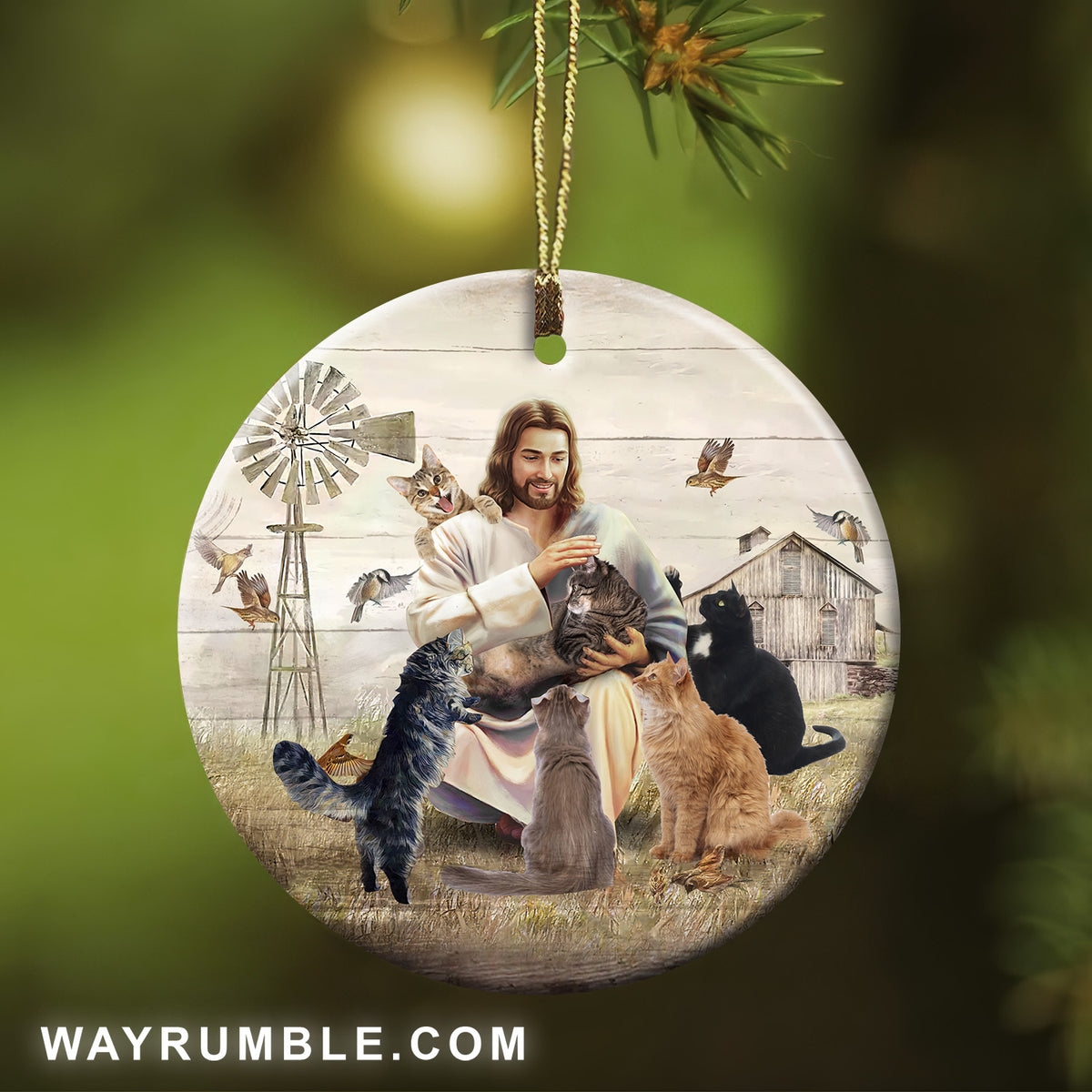 Jesus painting, Playing with cats on farm, countryside landscape - Jesus Circle Ceramic Ornament