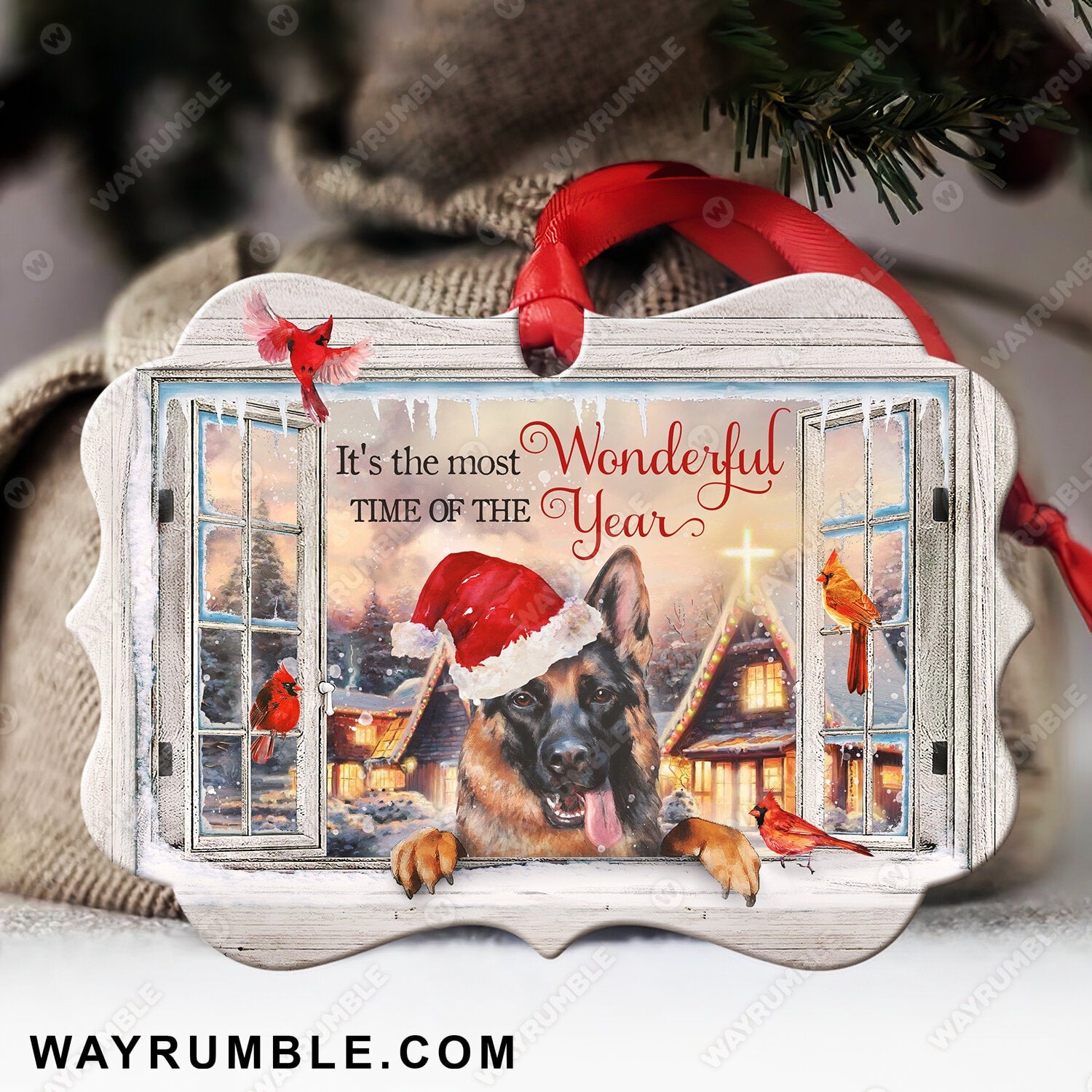German shepherd dog, Christmas night, Red cardinal, It's the most wonderful time of the year - Jesus Aluminum Ornament