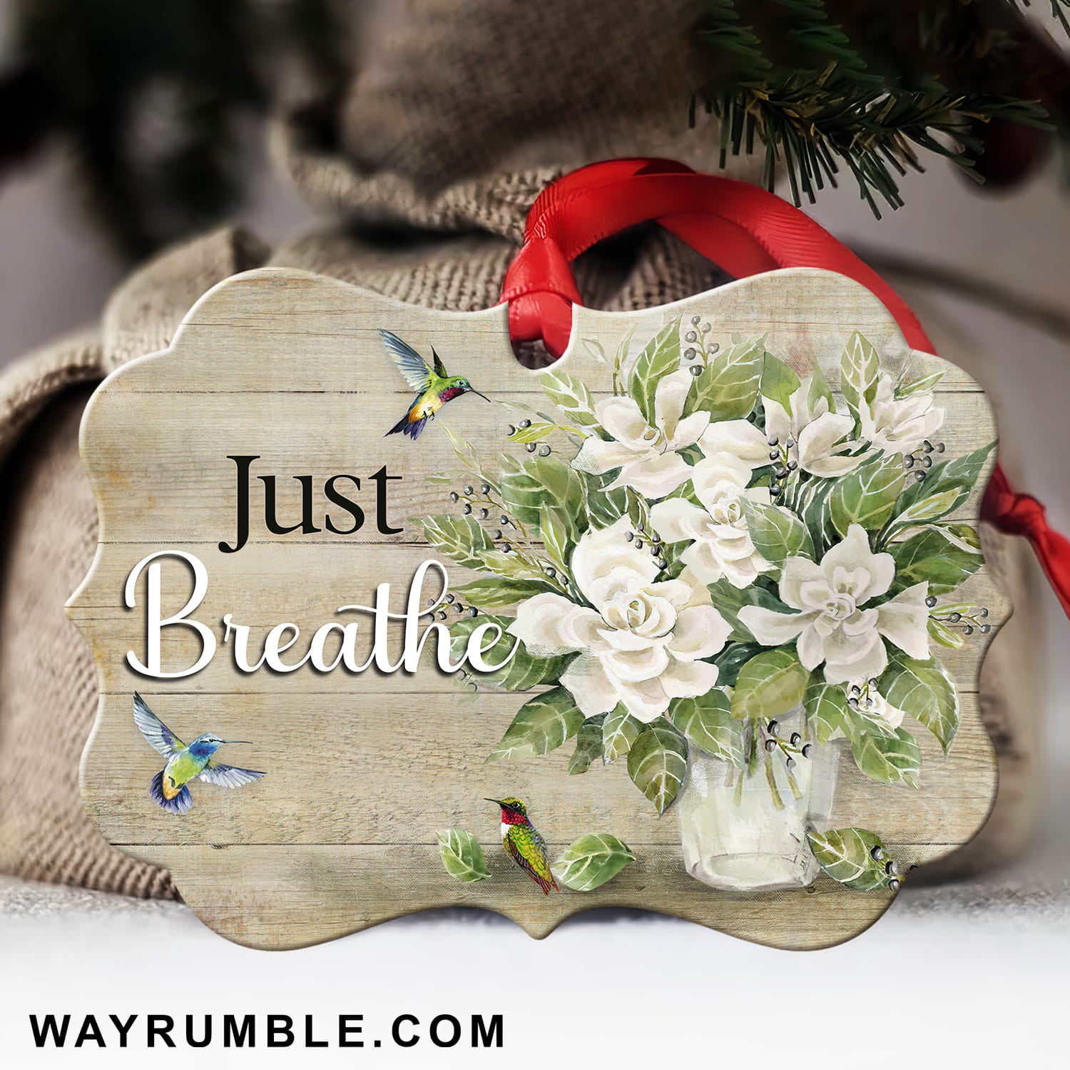 Jesus - White flower and hummingbird - Just breathe - Aluminum Ornament