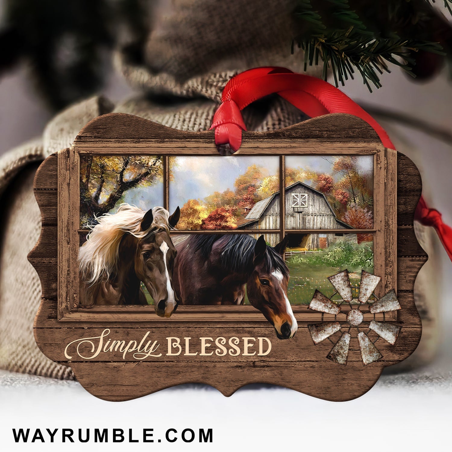 Horse drawing, Autumn forest, Windmill, Green meadow, Simply blessed - Jesus Aluminum Ornament