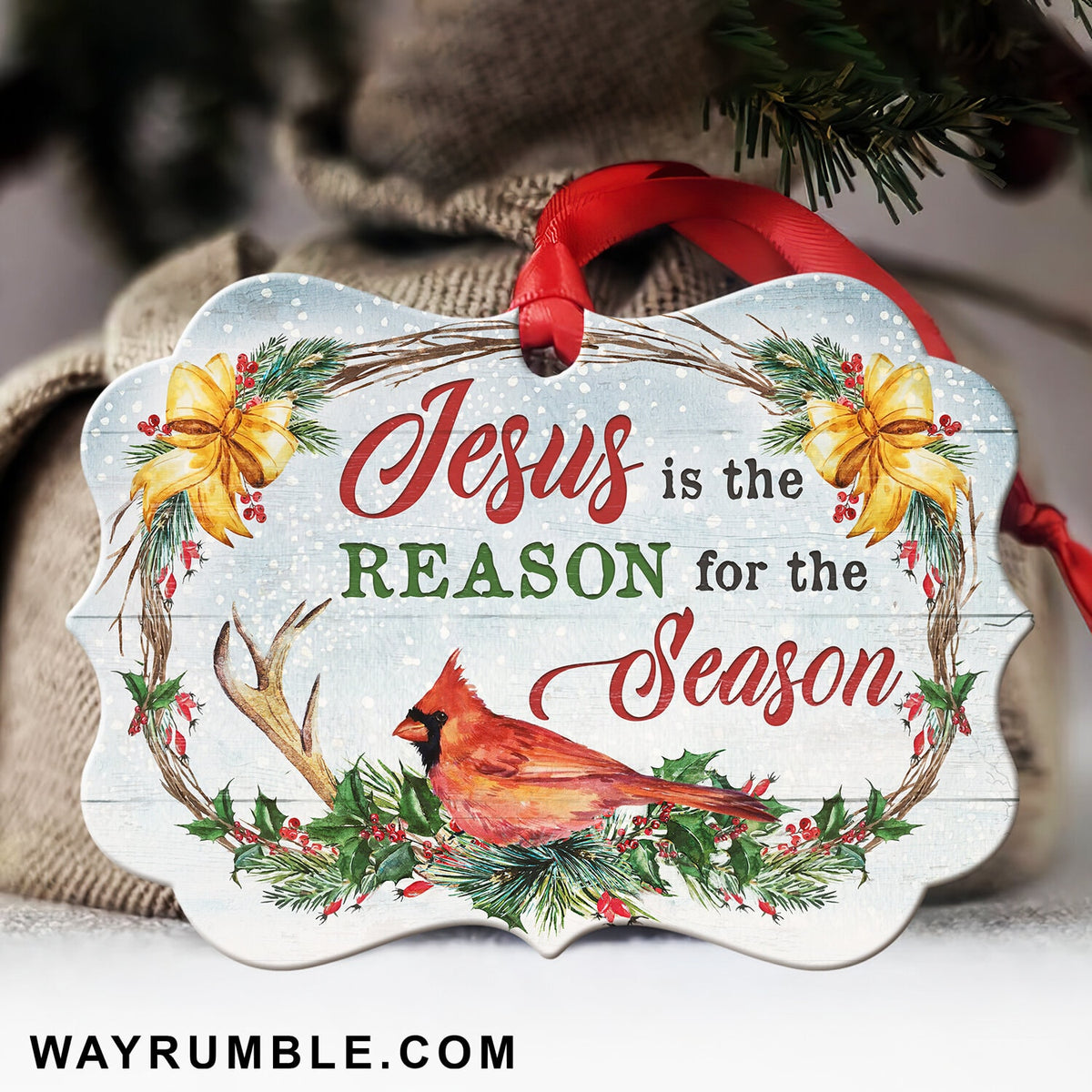 Red cardinal, Wooden wreath, Jesus is the reason for the season - Jesus Aluminum Ornament