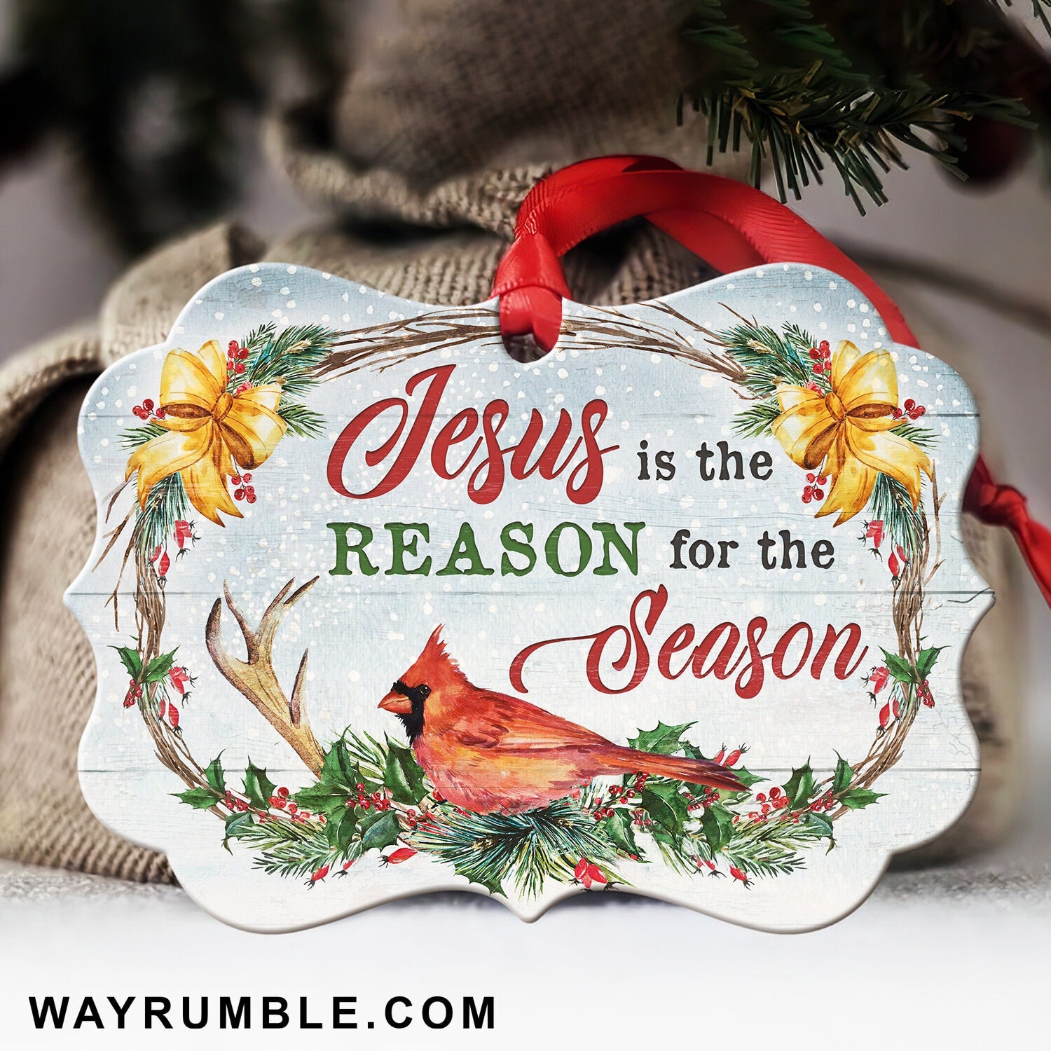 Red cardinal, Wooden wreath, Jesus is the reason for the season - Jesus Aluminum Ornament