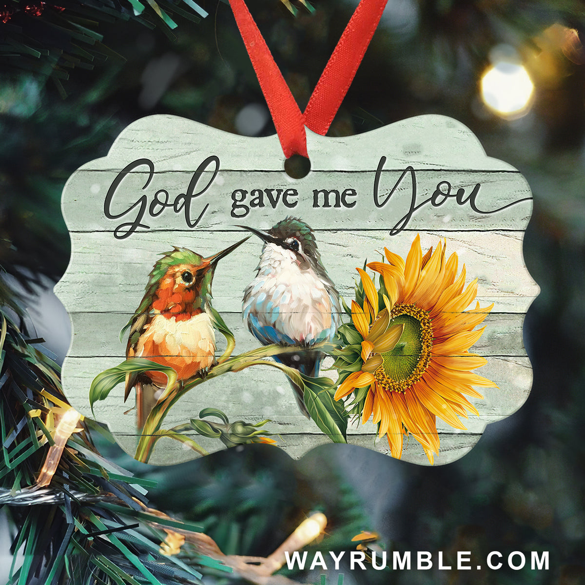 Little Hummingbirds drawing, Sunflower pattern, God gave me you - Jesus Aluminum Ornament