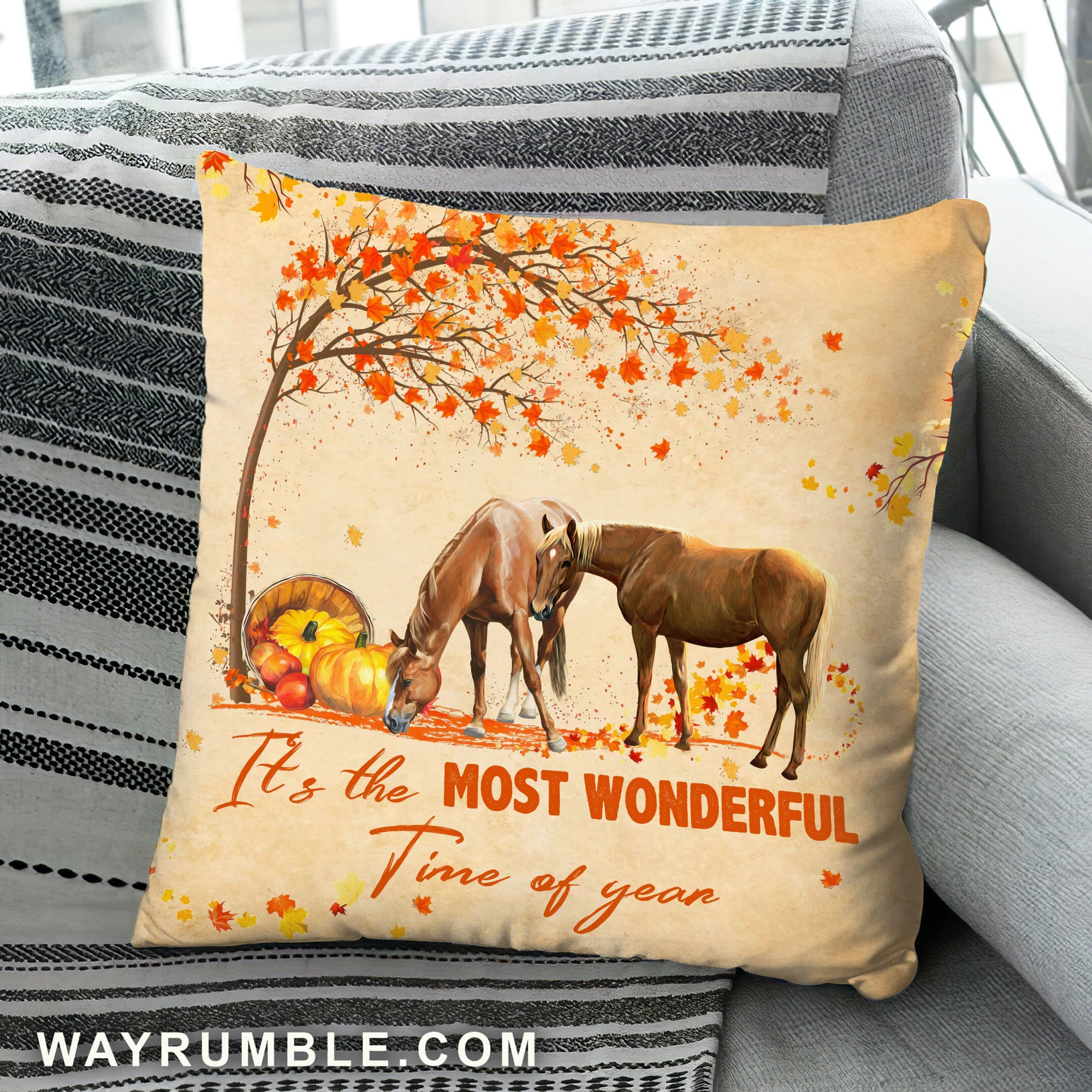 Horse painting, Big pumpkin, It's is the most wonderful time of year - Jesus AOP Pillow