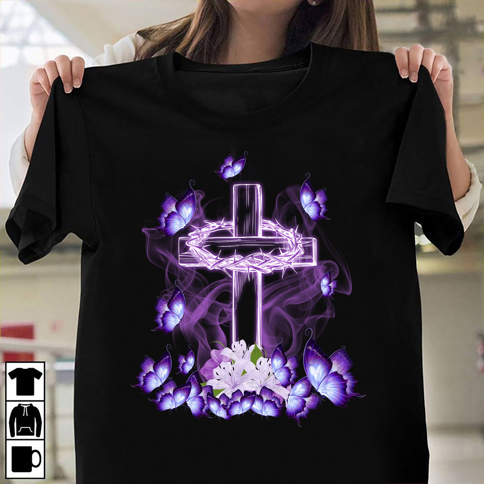 Jesus - Beautiful cross and purple butterflies Jesus Black Apparel