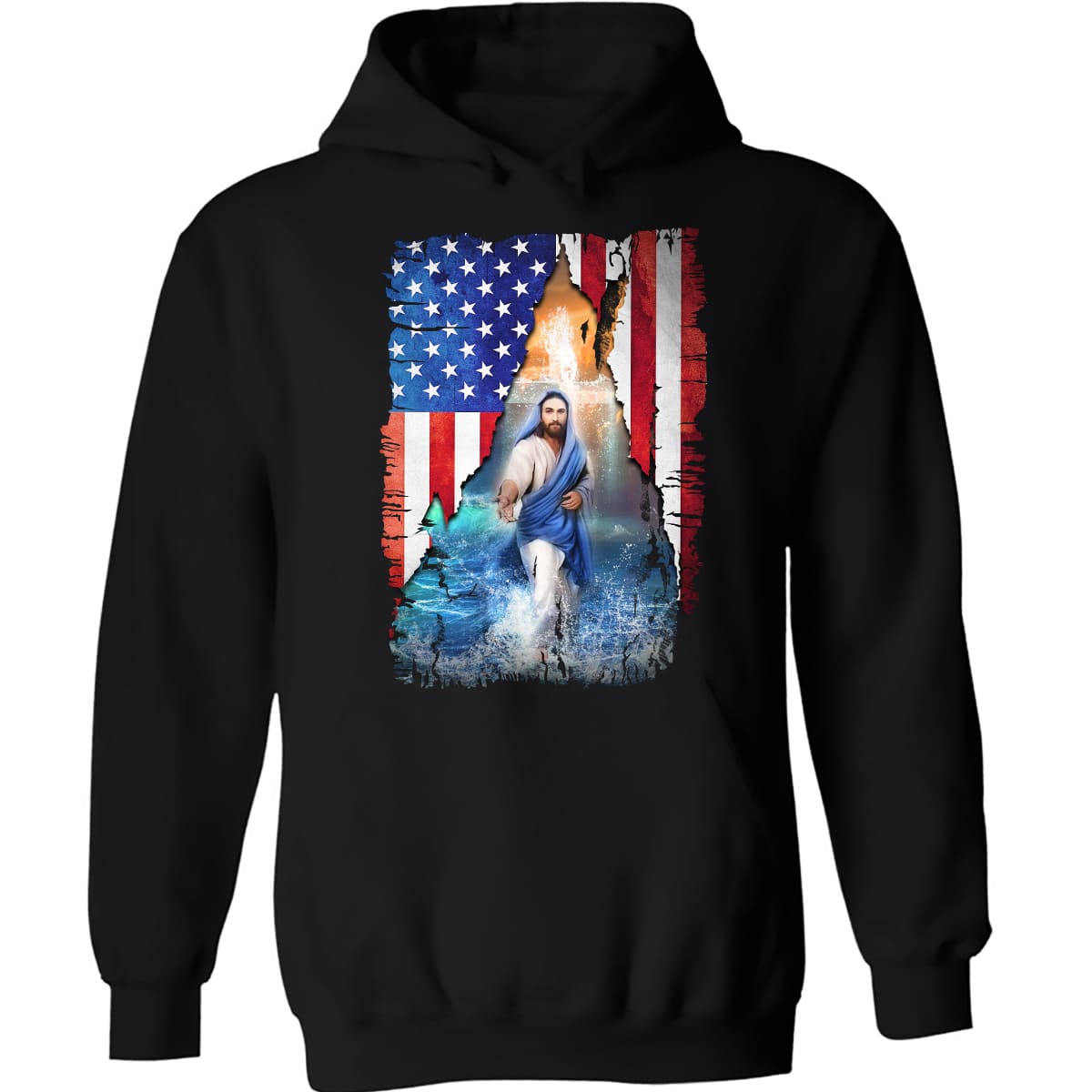 Us flag, Jesus walks on water, Holding Jesus&#39;s hand - Jesus Black Apparel