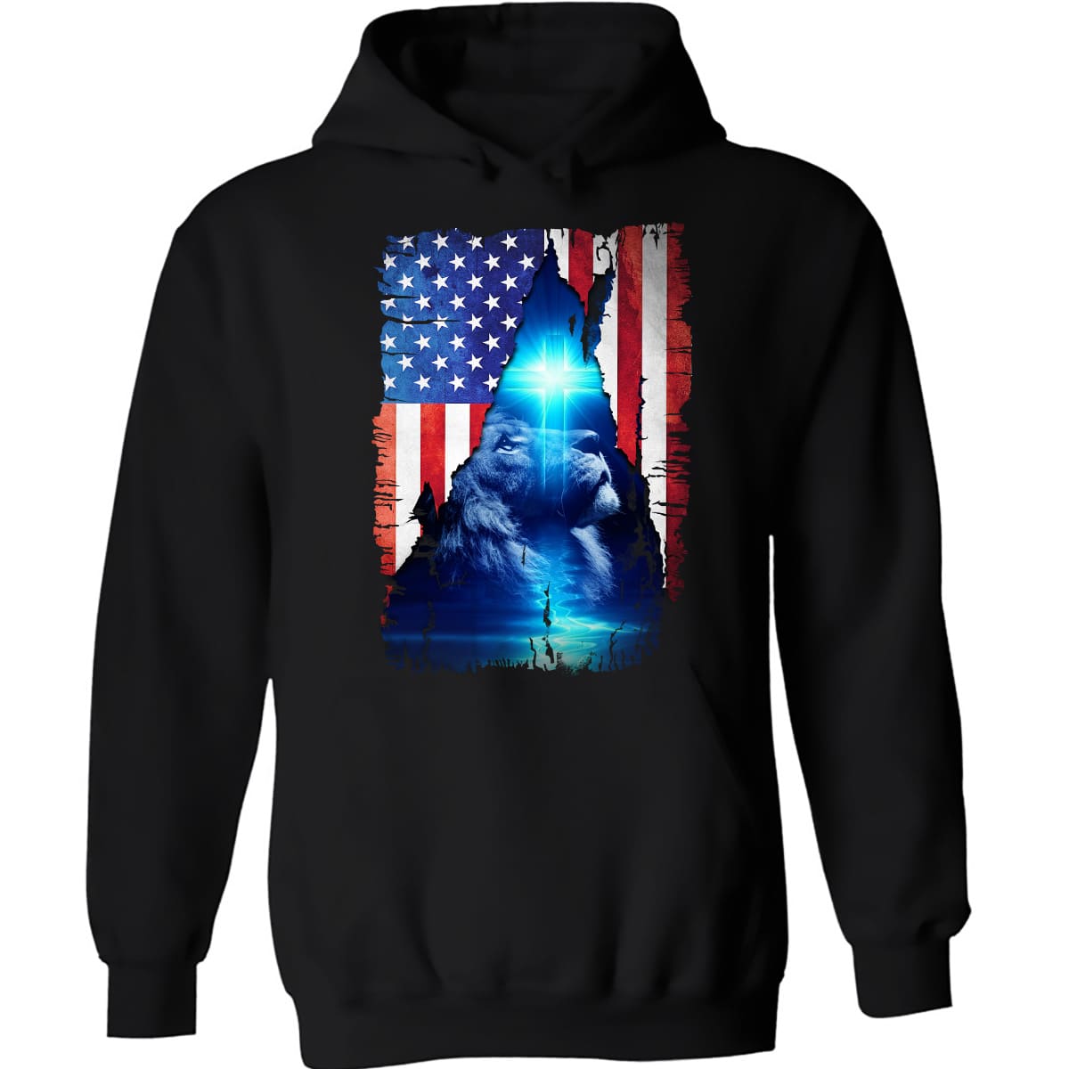 Us flag, Lion of Judah, The great Lion, Beautiful Cross on the sky - Jesus Black Apparel