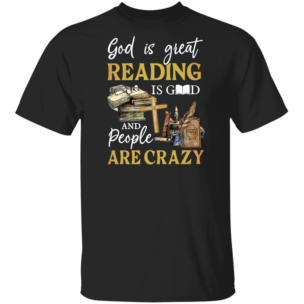 Old books, Wooden cross, God is great, Reading is Good and people are crazy - Jesus Black Apparel