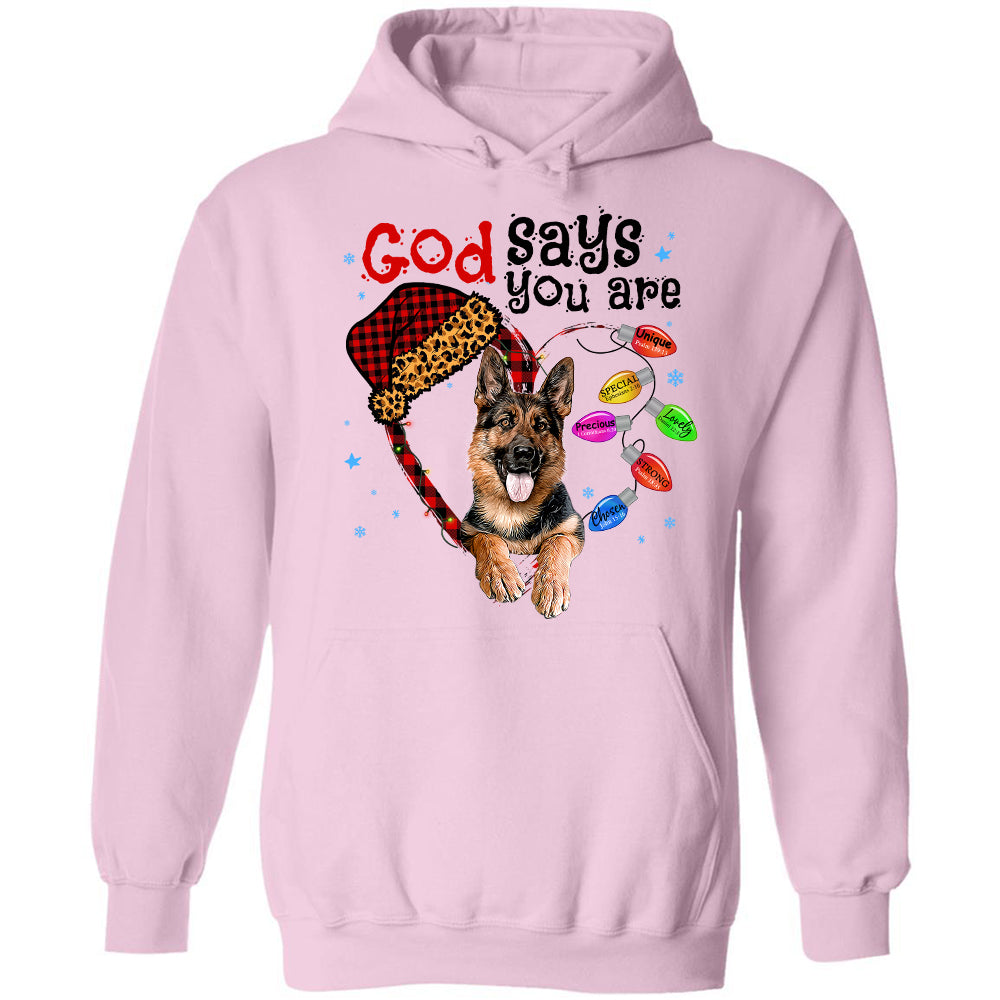 German Shepherd, Christmas decoration lights, God says you are - Jesus White Apparel