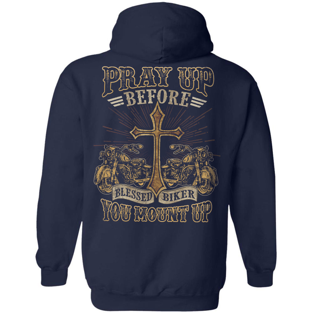 Jesus - Blessed Biker - Pray up before you mount up - Back-printed Apparel