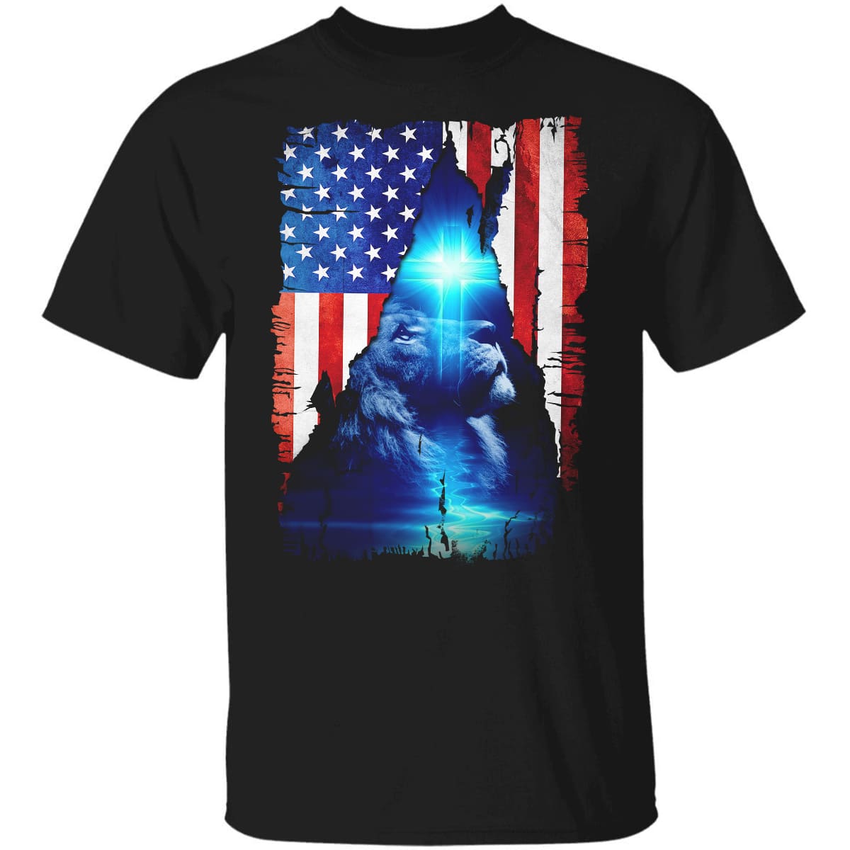 Us flag, Lion of Judah, The great Lion, Beautiful Cross on the sky - Jesus Black Apparel