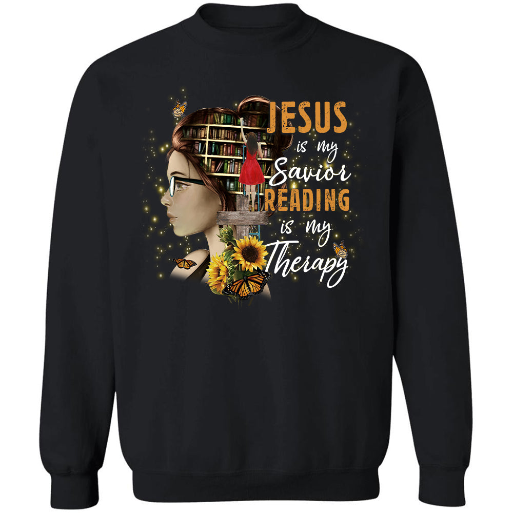 Beautiful girl, In the library, Jesus is my savior, Reading is my therapy - Jesus Black Apparel