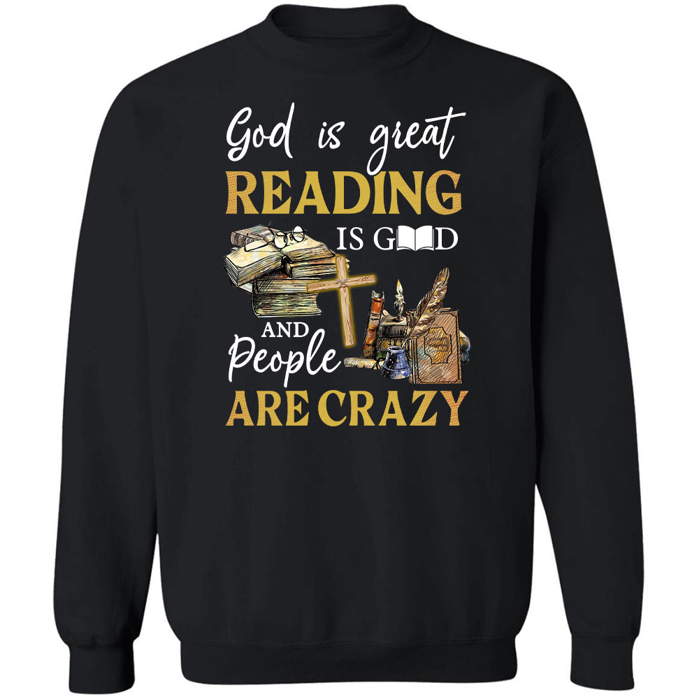 Old books, Wooden cross, God is great, Reading is Good and people are crazy - Jesus Black Apparel