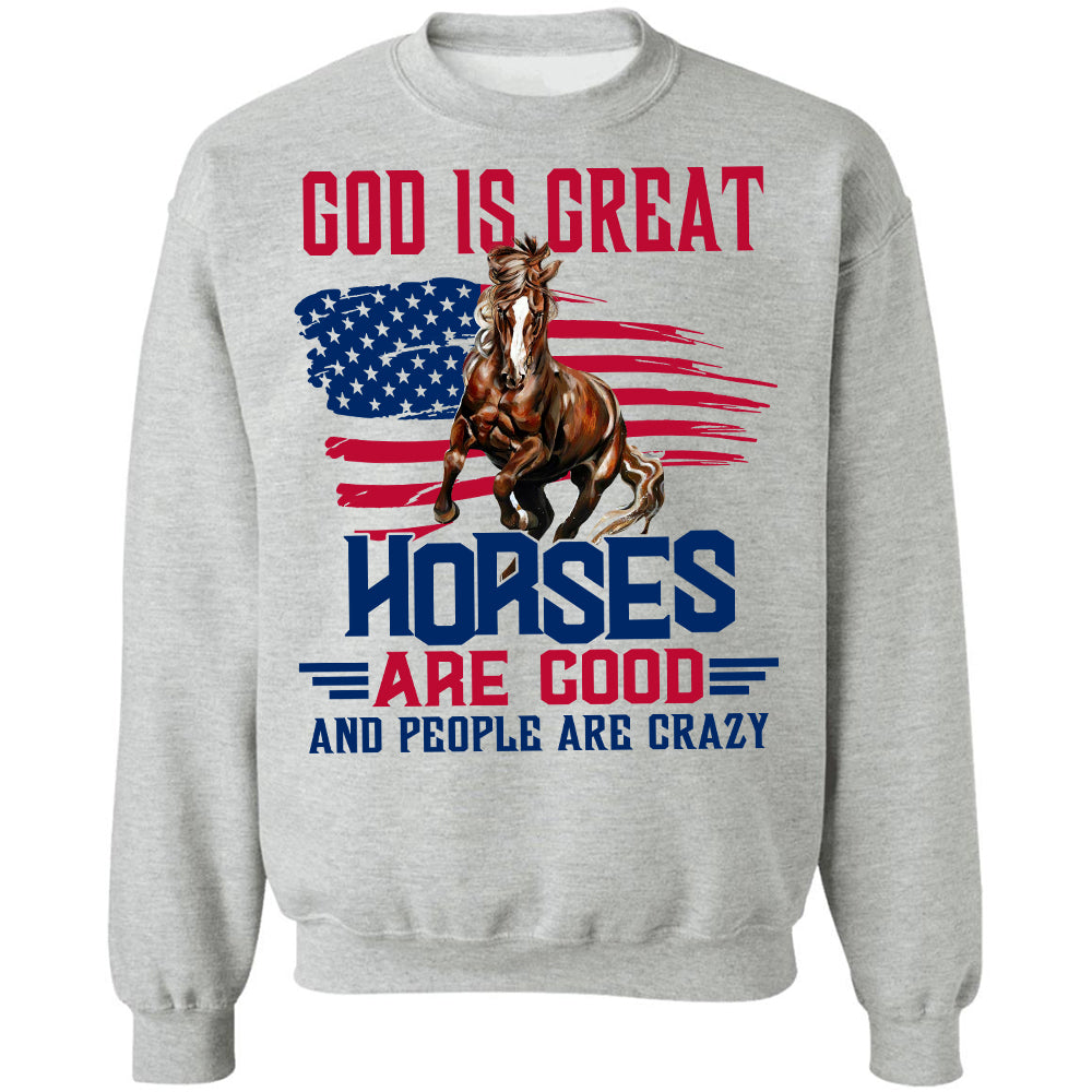 Running horse, US flag, God is great, Horses are good, People are crazy -  Jesus White Apparel