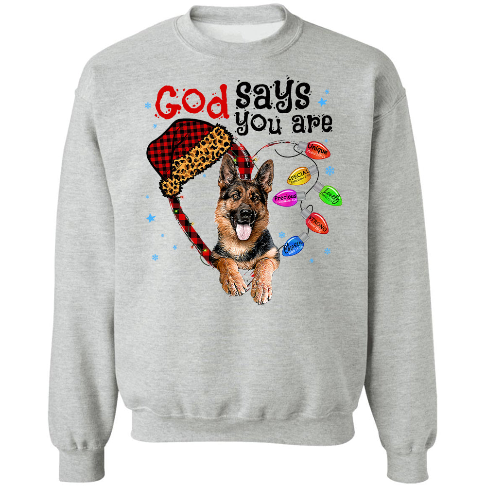 German Shepherd, Christmas decoration lights, God says you are - Jesus White Apparel
