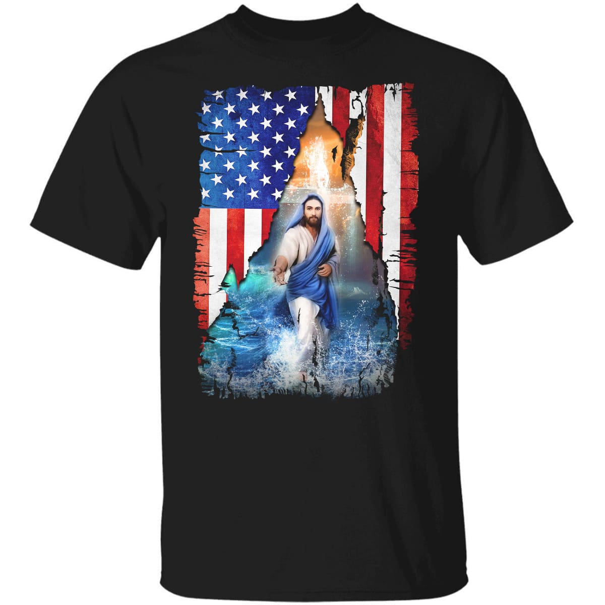 Us flag, Jesus walks on water, Holding Jesus&#39;s hand - Jesus Black Apparel