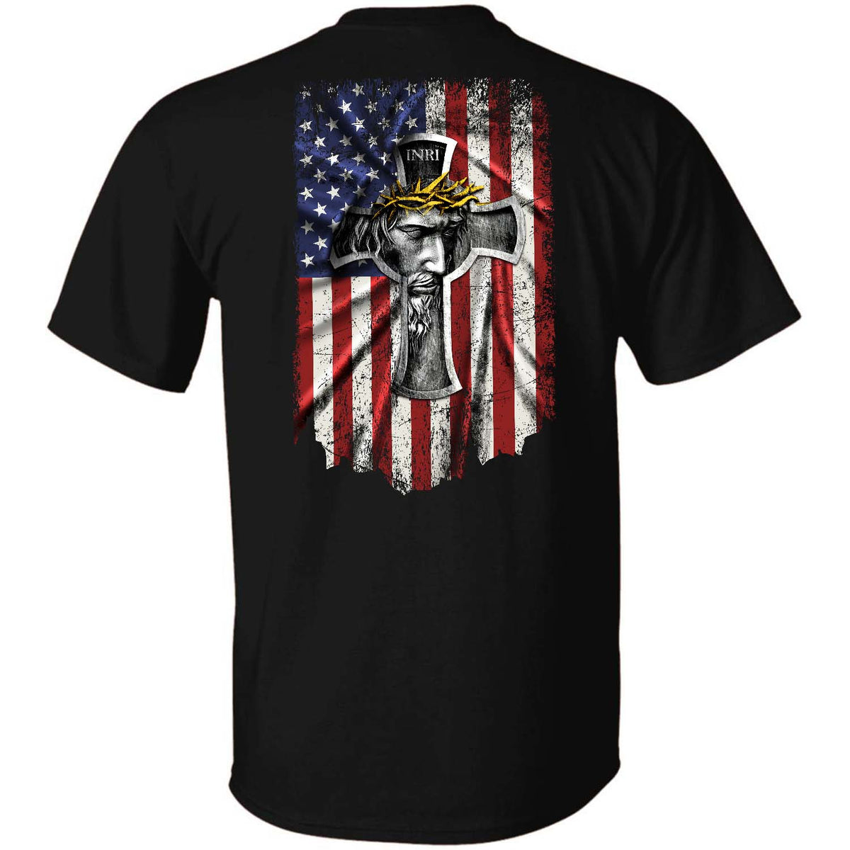 Us flag, Jesus painting, Crown of thorn, God blesses us - Jesus Back-printed Black Apparel