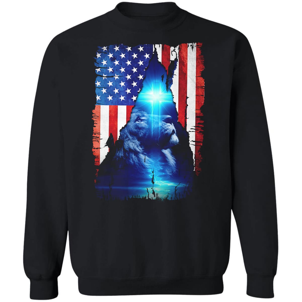 Us flag, Lion of Judah, The great Lion, Beautiful Cross on the sky - Jesus Black Apparel