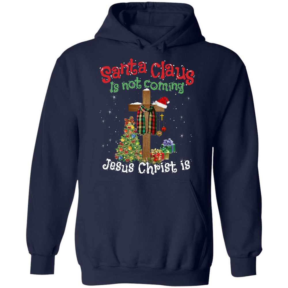 Christmas tree, Snowy night, Wooden cross, Santa Clause is not coming, Jesus Christ is - Jesus Black Apparel