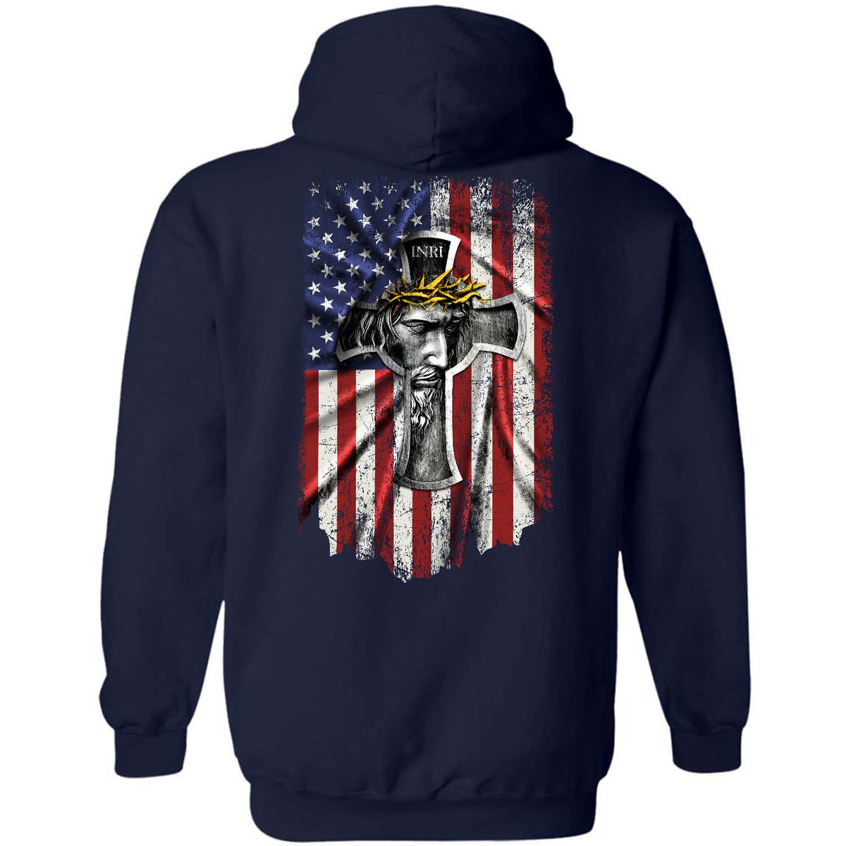 Us flag, Jesus painting, Crown of thorn, God blesses us - Jesus Back-printed Black Apparel