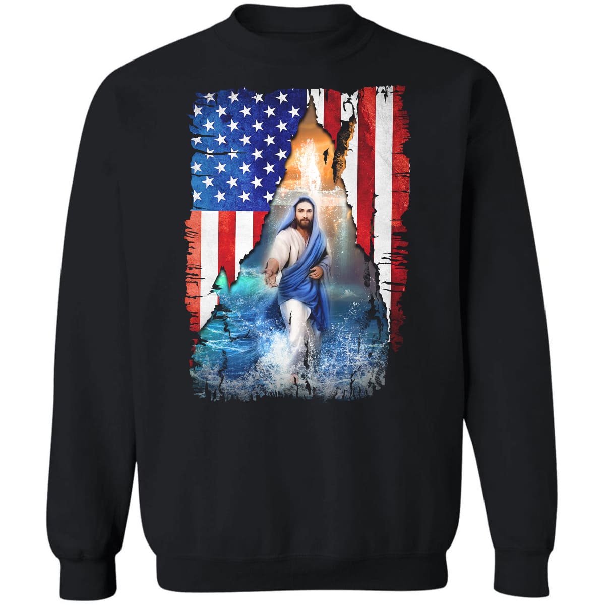 Us flag, Jesus walks on water, Holding Jesus&#39;s hand - Jesus Black Apparel