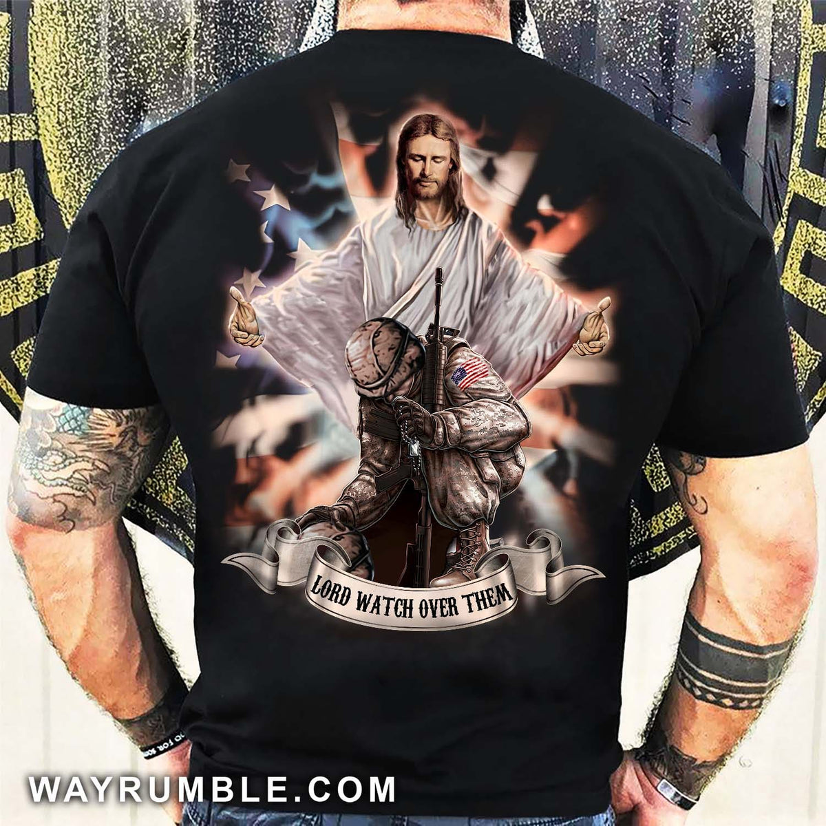 Jesus painting, Veteran in the arms of God, Lord watch over them - Jesus Black Apparel