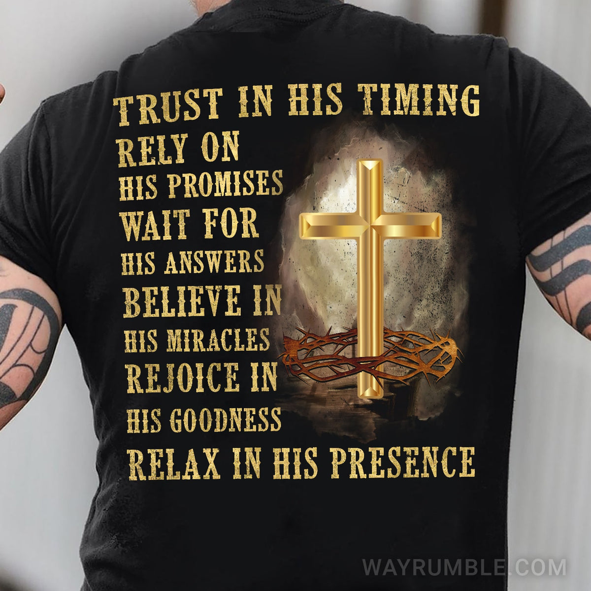 Jesus - Trust in his timing relax in his presence - Back-printed Black Apaprel