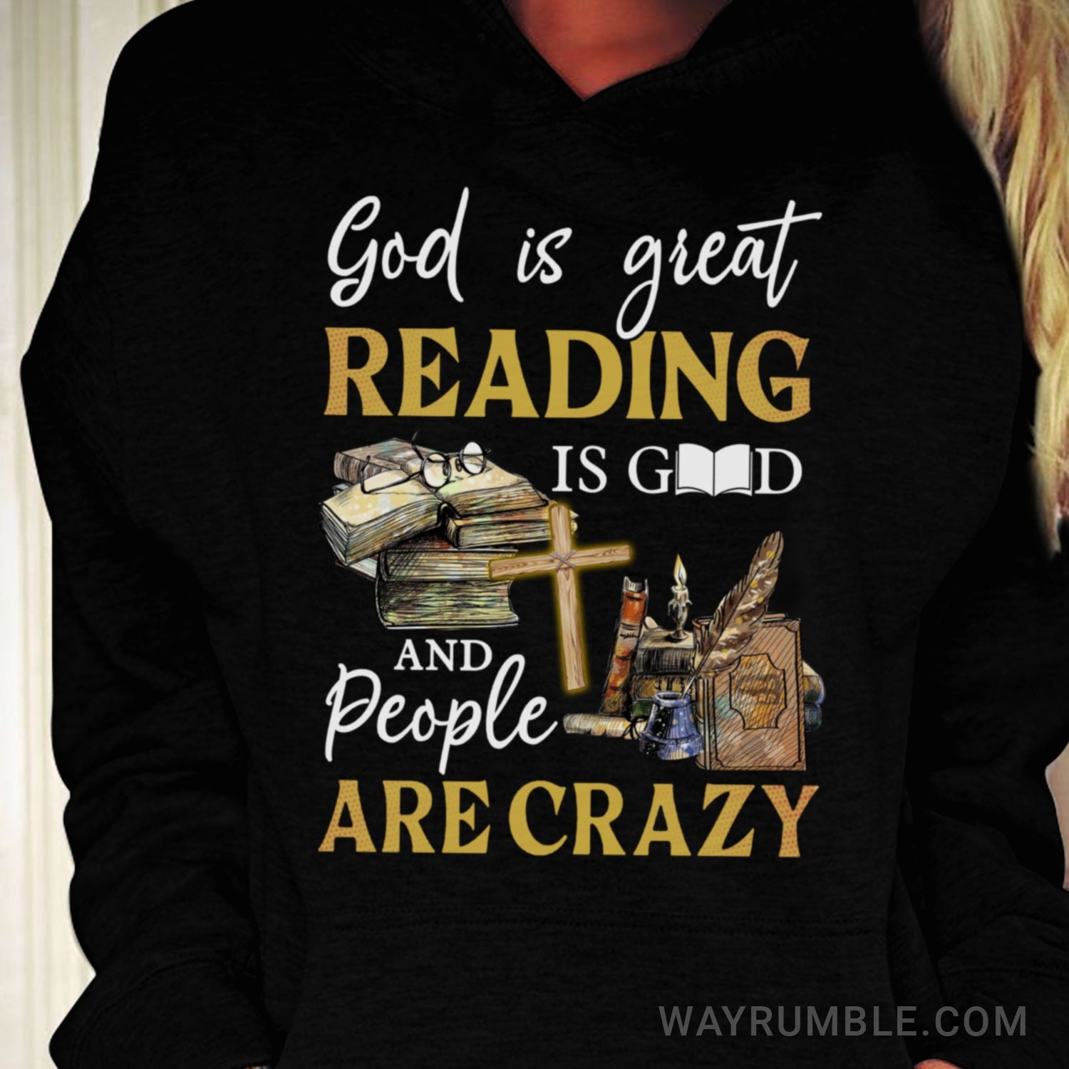 Old books, Wooden cross, God is great, Reading is Good and people are crazy - Jesus Black Apparel