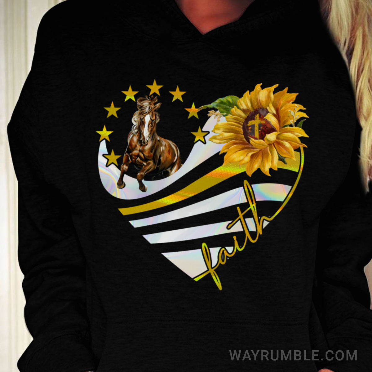 Running Horse, Sunflower, Faith heart shape - Jesus Black Apparel