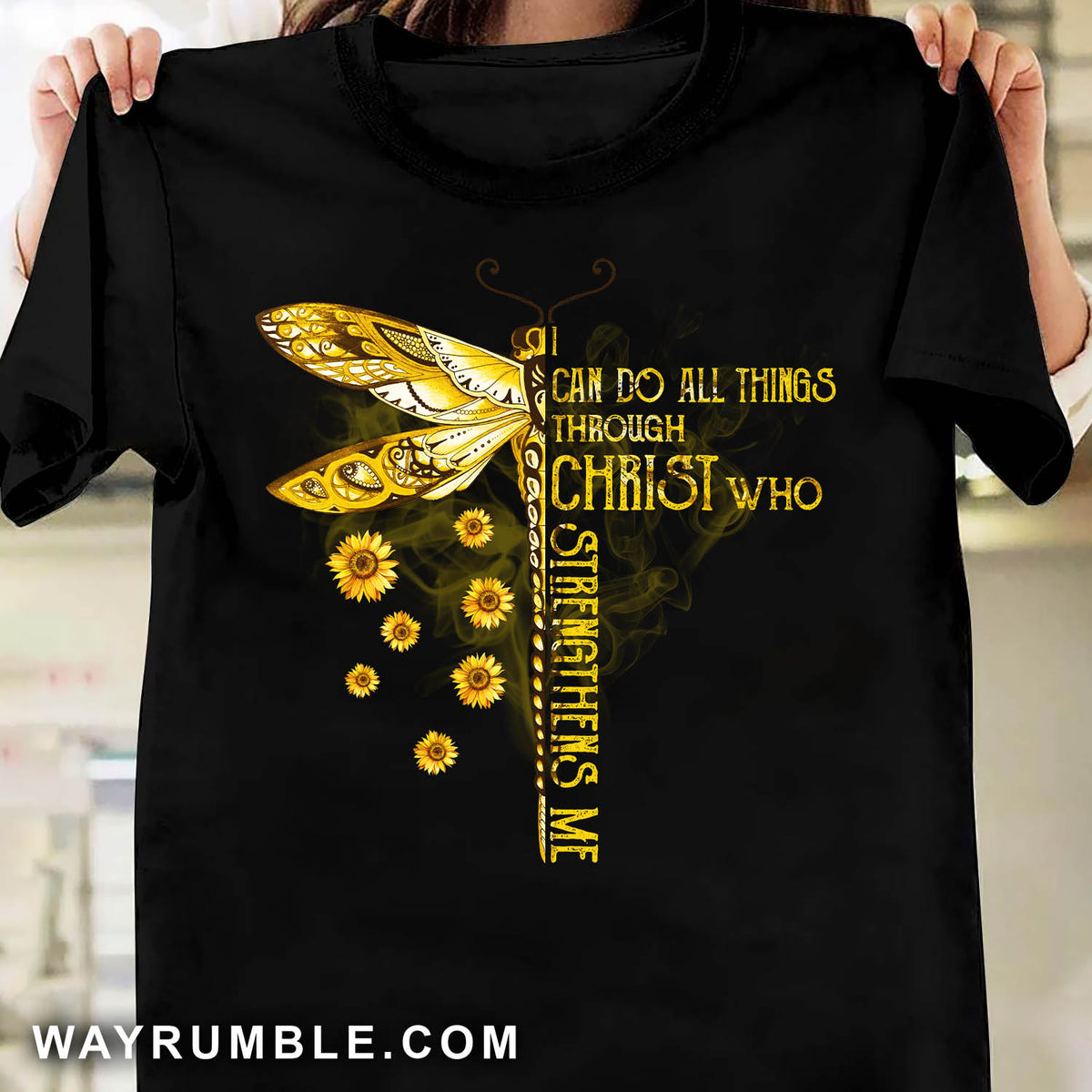 Golden dragonfly drawing, Sunflower, I can do all things - Jesus Black Apparel