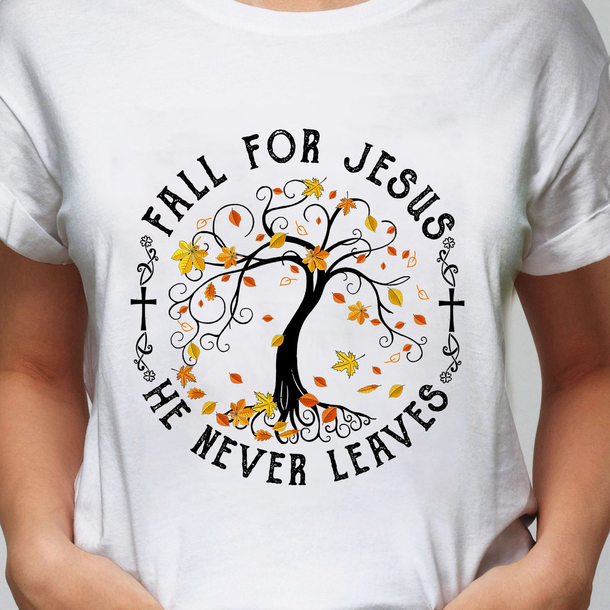 Jesus - Maple tree - Fall for Jesus he never leaves - White Apparel
