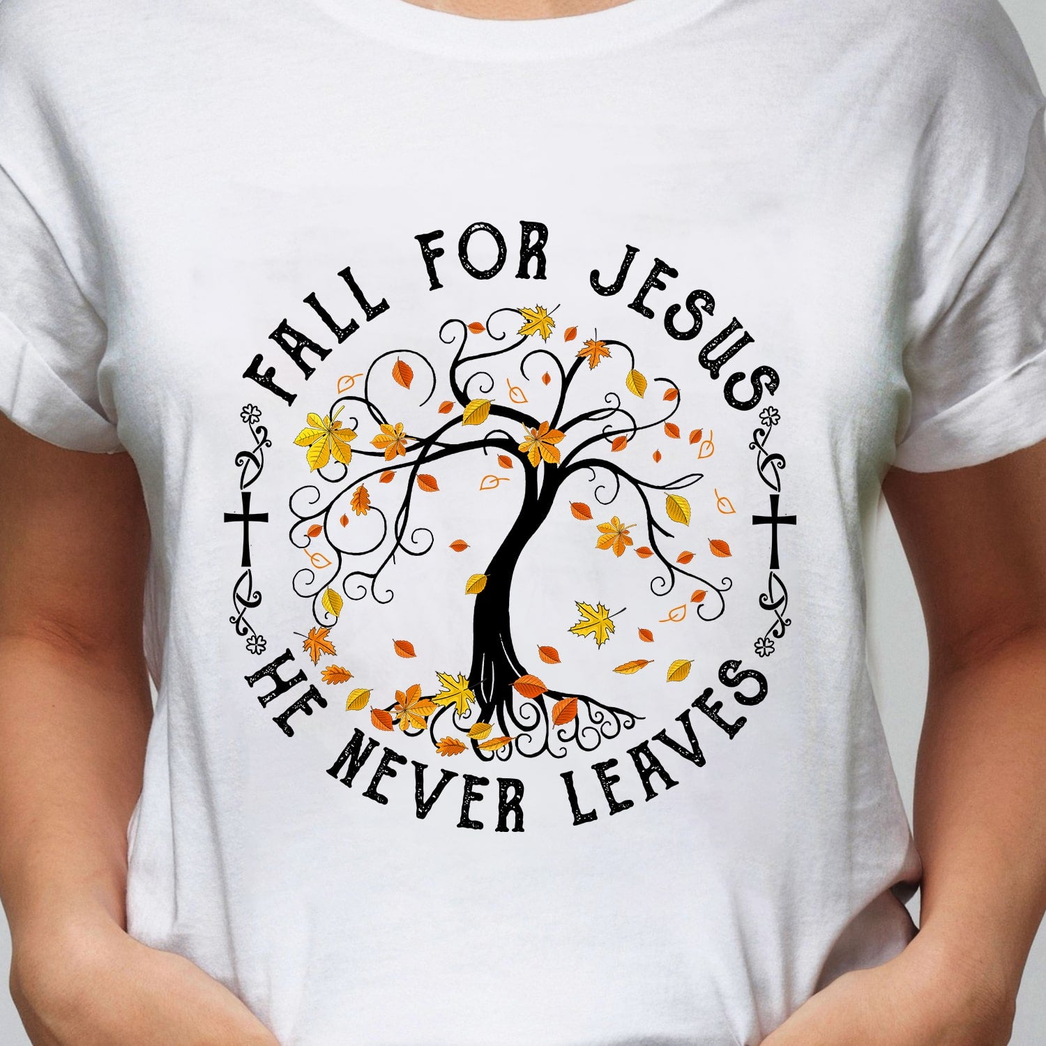 Jesus - Maple tree - Fall for Jesus he never leaves - White Apparel