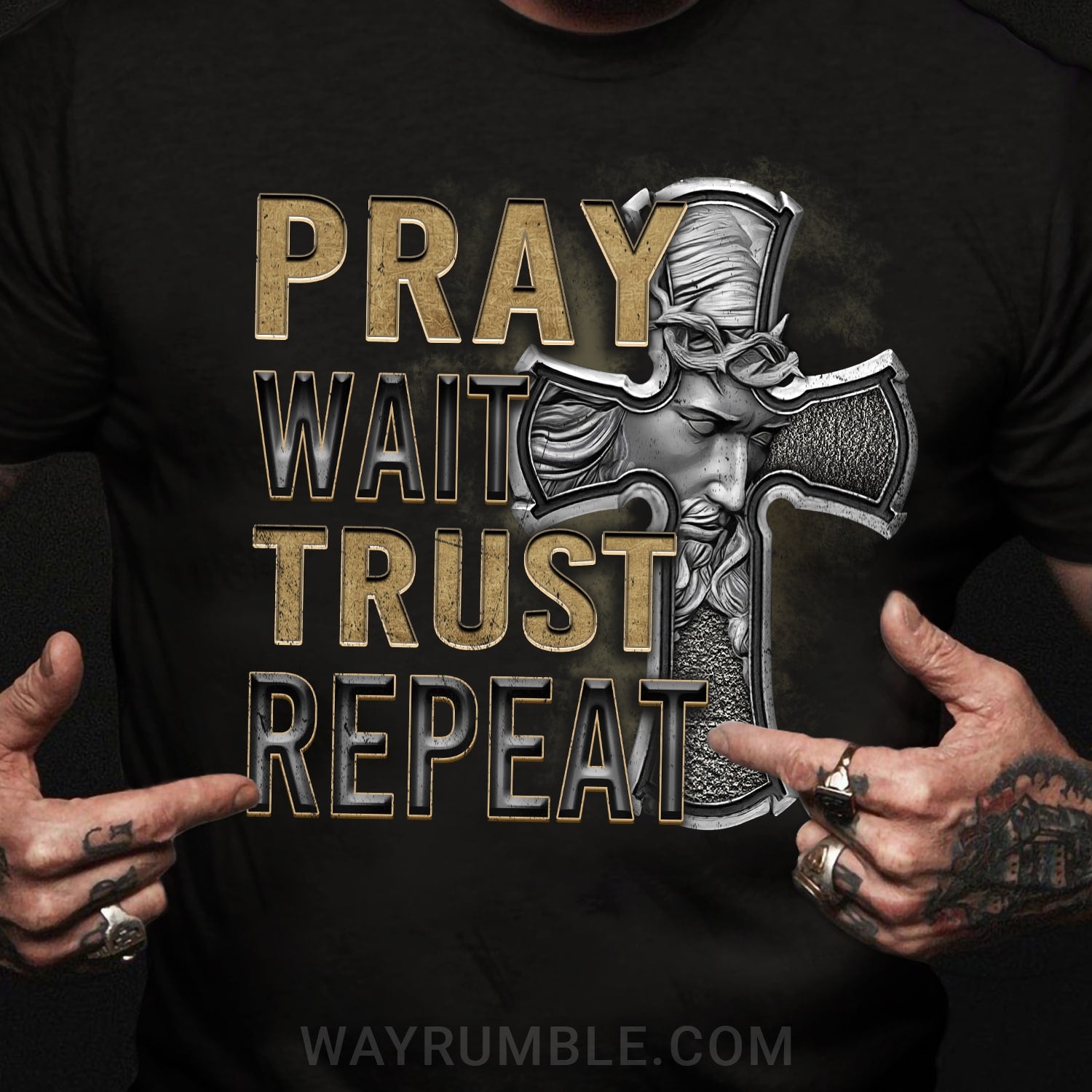 Jesus Cross, Pray Wait Trust Repeat - Jesus Black Apparel