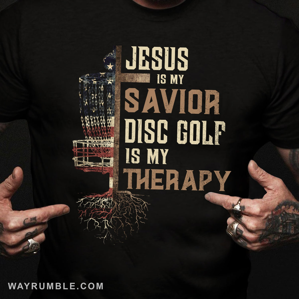 Cross short, US flag, Jesus is my savior, Disc Golf is my therapy - Jesus, Gold Black Apparel