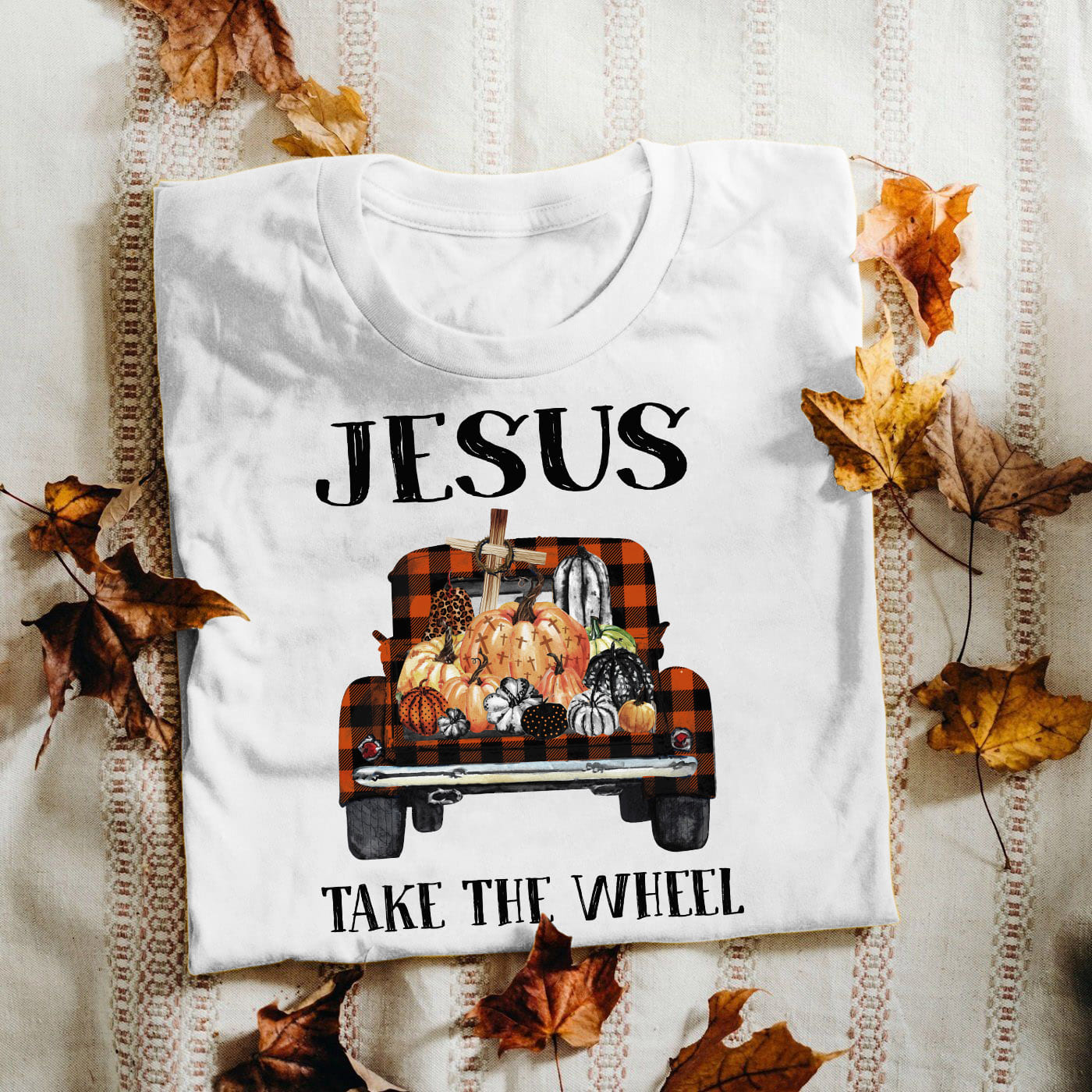Jesus - Pumpkin truck - Jesus take the wheel - White Apparel
