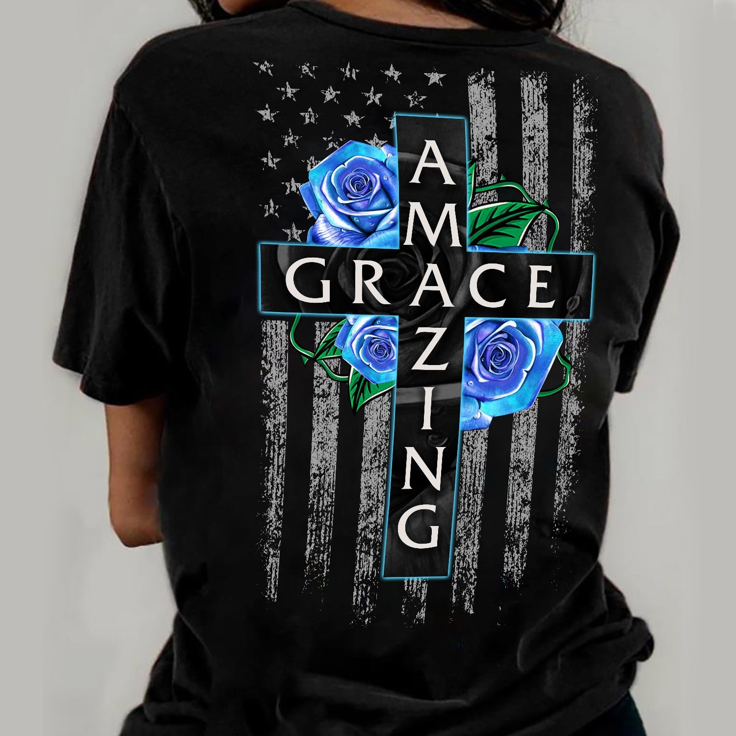 Jesus - Blue rose and Cross - Amazing Grace - Back-printed Black Apparel