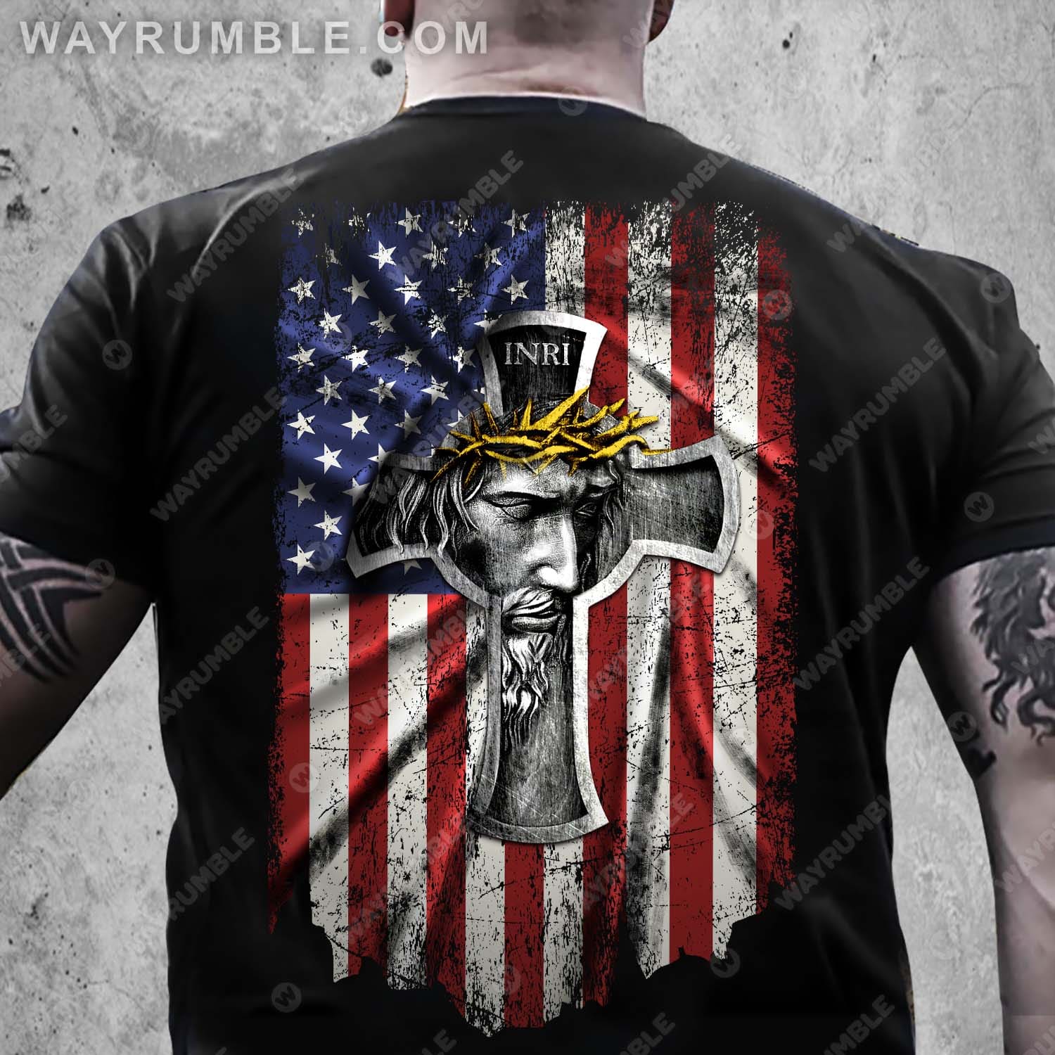 Us flag, Jesus painting, Crown of thorn, God blesses us - Jesus Back-printed Black Apparel
