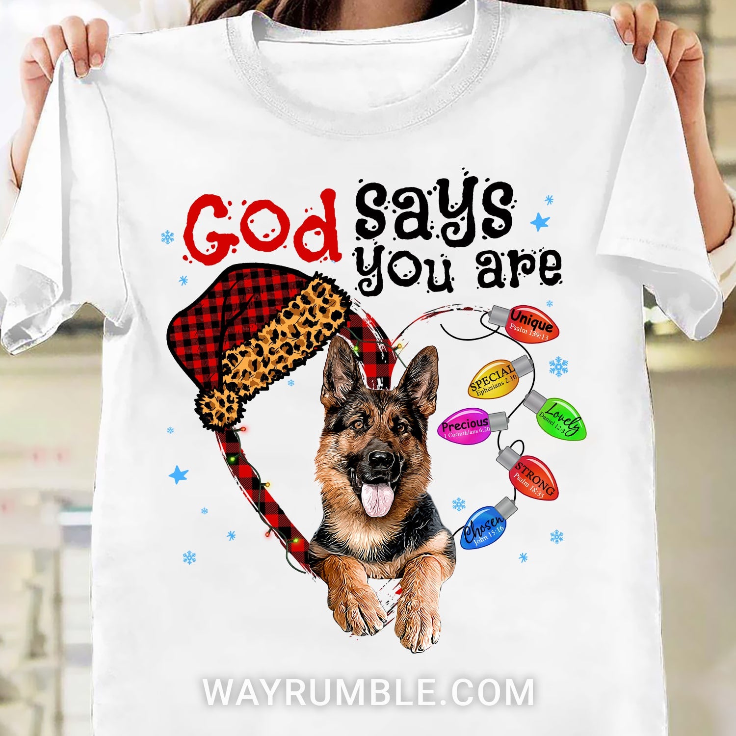 German Shepherd, Christmas decoration lights, God says you are - Jesus White Apparel