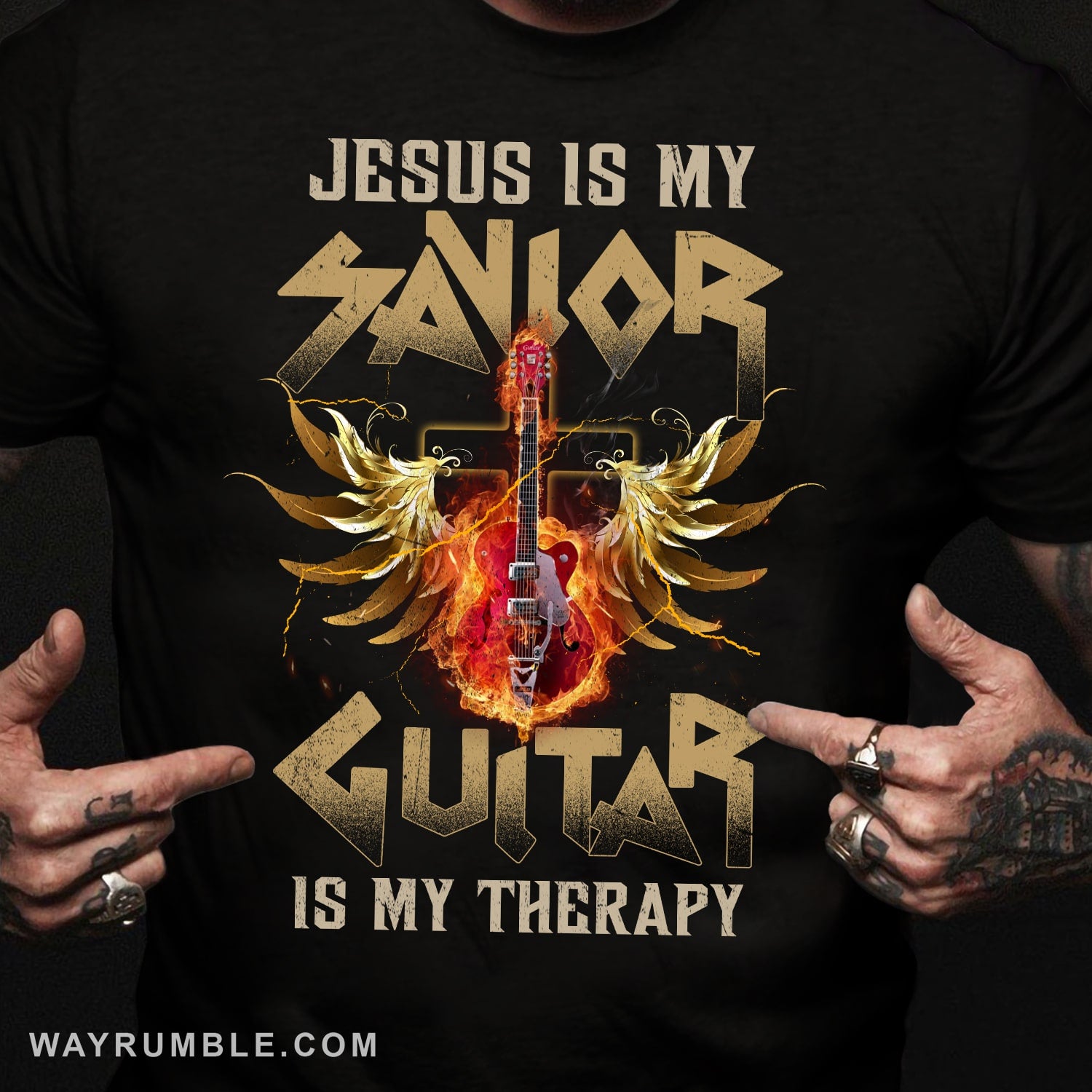 Rock, Guitar on fire, Jesus is my savior, Guitar is my therapy - Jesus Black Apparel
