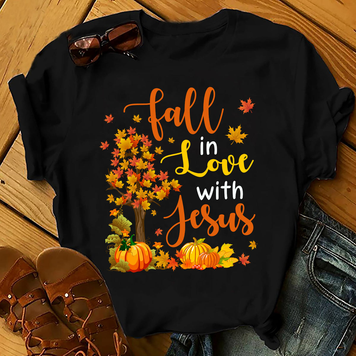 Jesus, Autumn season, Pumpkin, Maple leaf - Fall in love with Jesus Black Apparel
