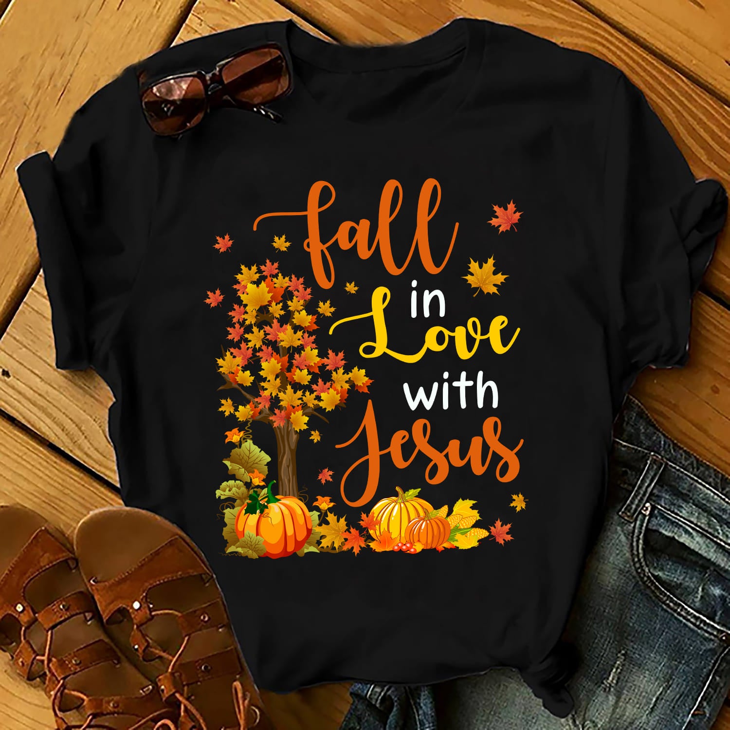 Jesus, Autumn season, Pumpkin, Maple leaf - Fall in love with Jesus Black Apparel