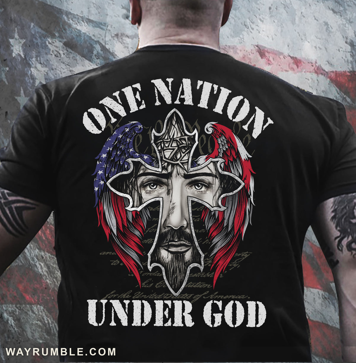 Jesus - Jesus and the wings of the US - One nation under God - Back-printed Black Apparel