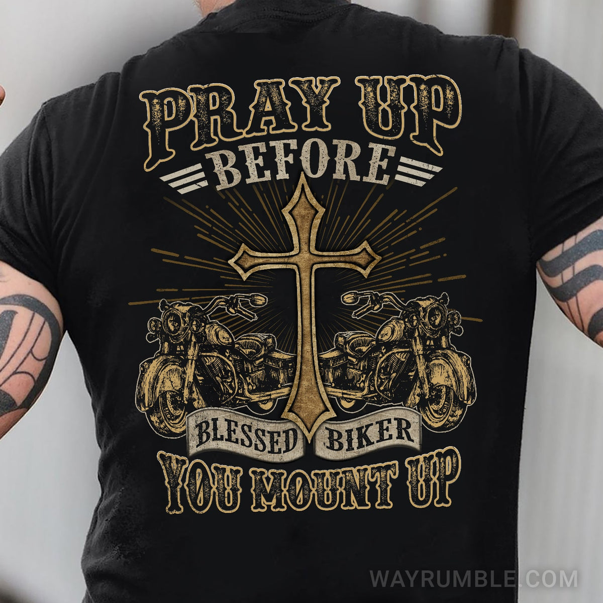 Jesus - Blessed Biker - Pray up before you mount up - Back-printed Black Apparel