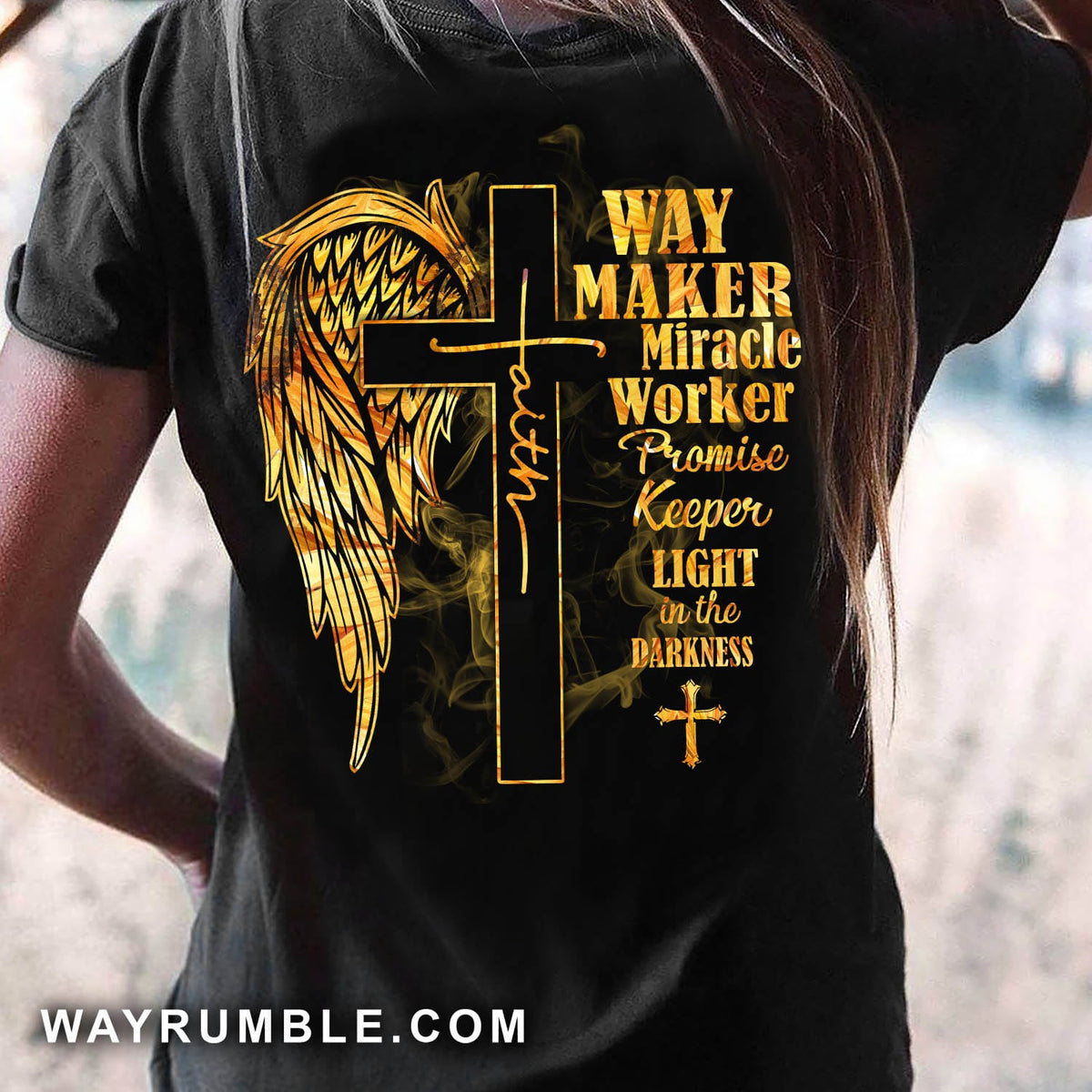 Golden cross, Phoenix wings, Way maker miracle worker - Back-printed Black Apparel