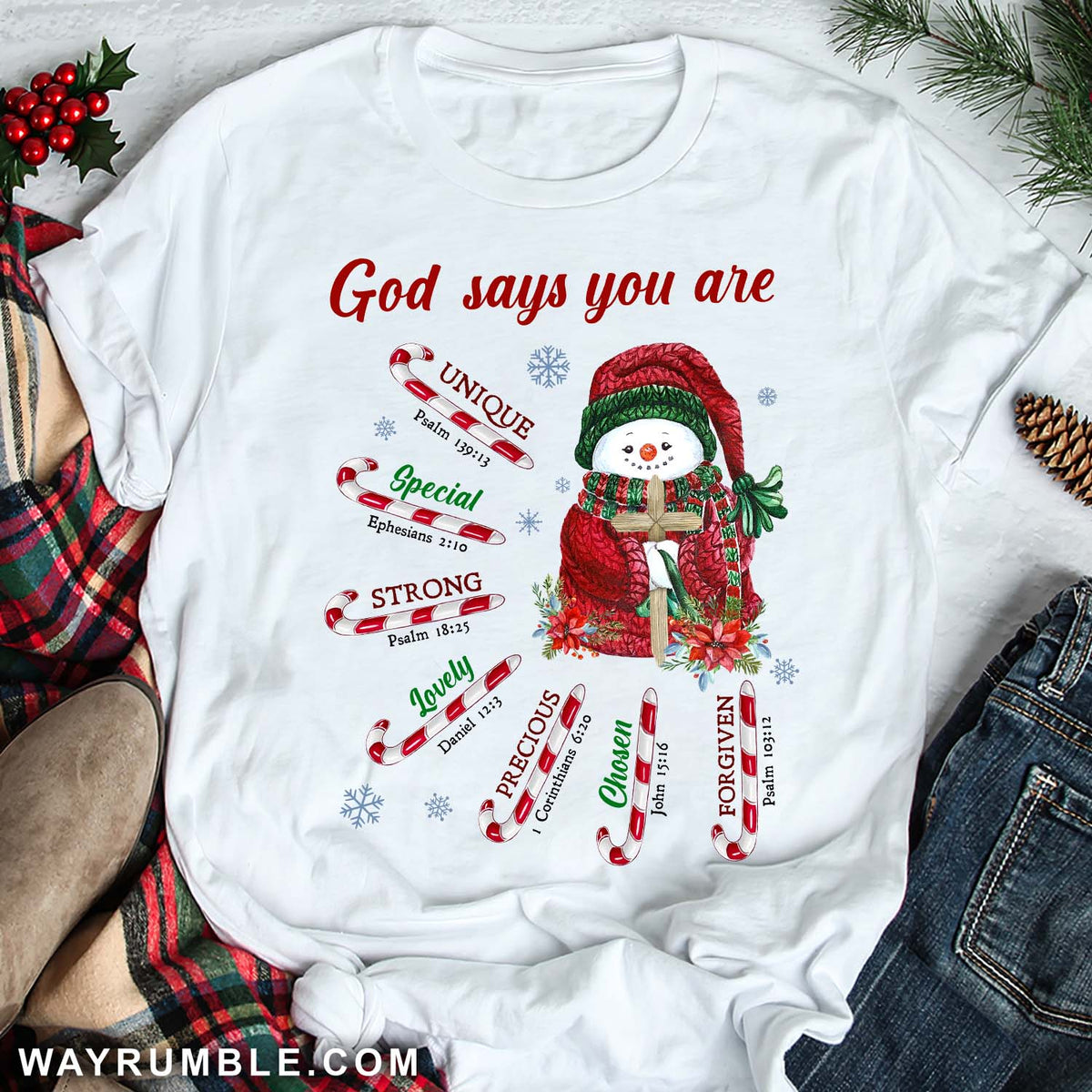 Snowman, Peppermint candy cane, God says you are unique - Jesus, Christmas, Winter, White Apparel