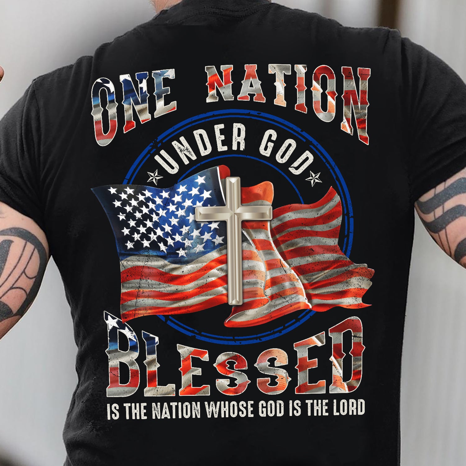 Awesome US Flag - One nation under God - Jesus Black Back-printed Apparel