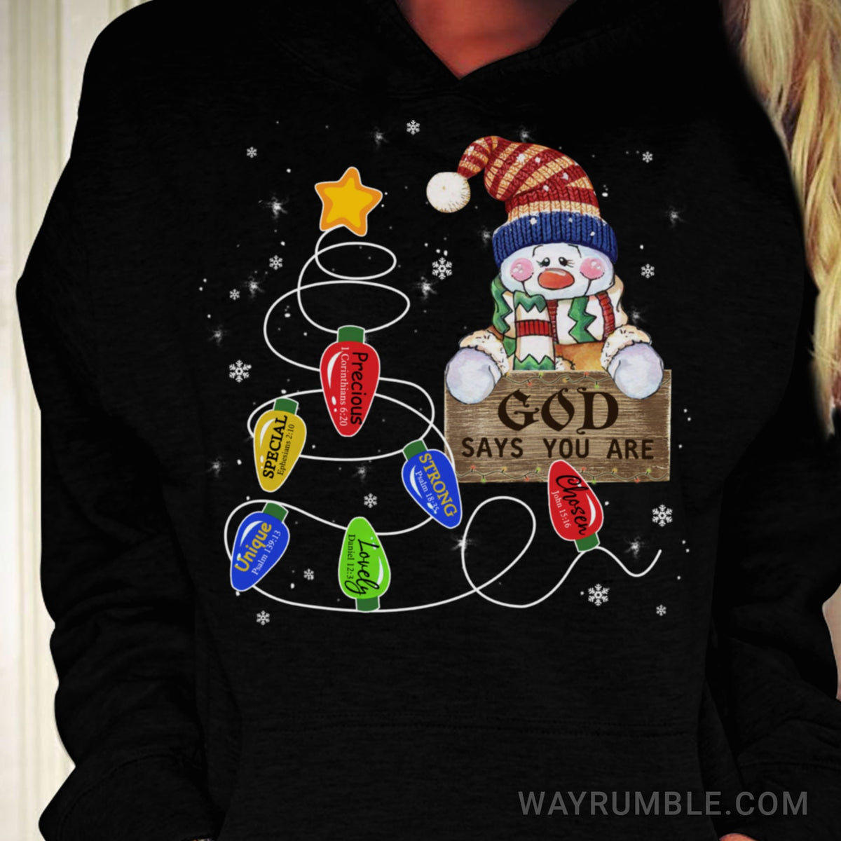 Cute Snowman, Christmas tree, God says you are unique - Jesus Black Apparel