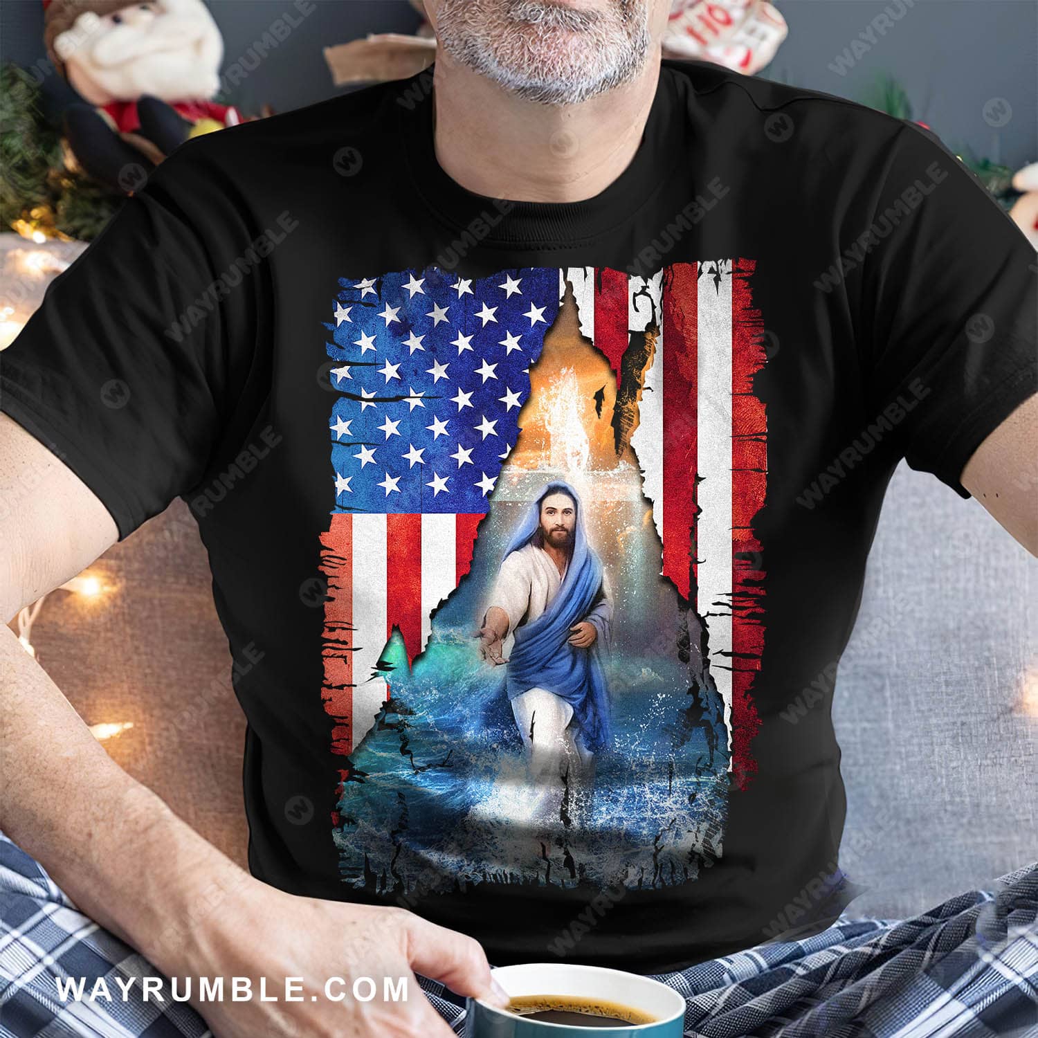 Us flag, Jesus walks on water, Holding Jesus's hand - Jesus Black Apparel