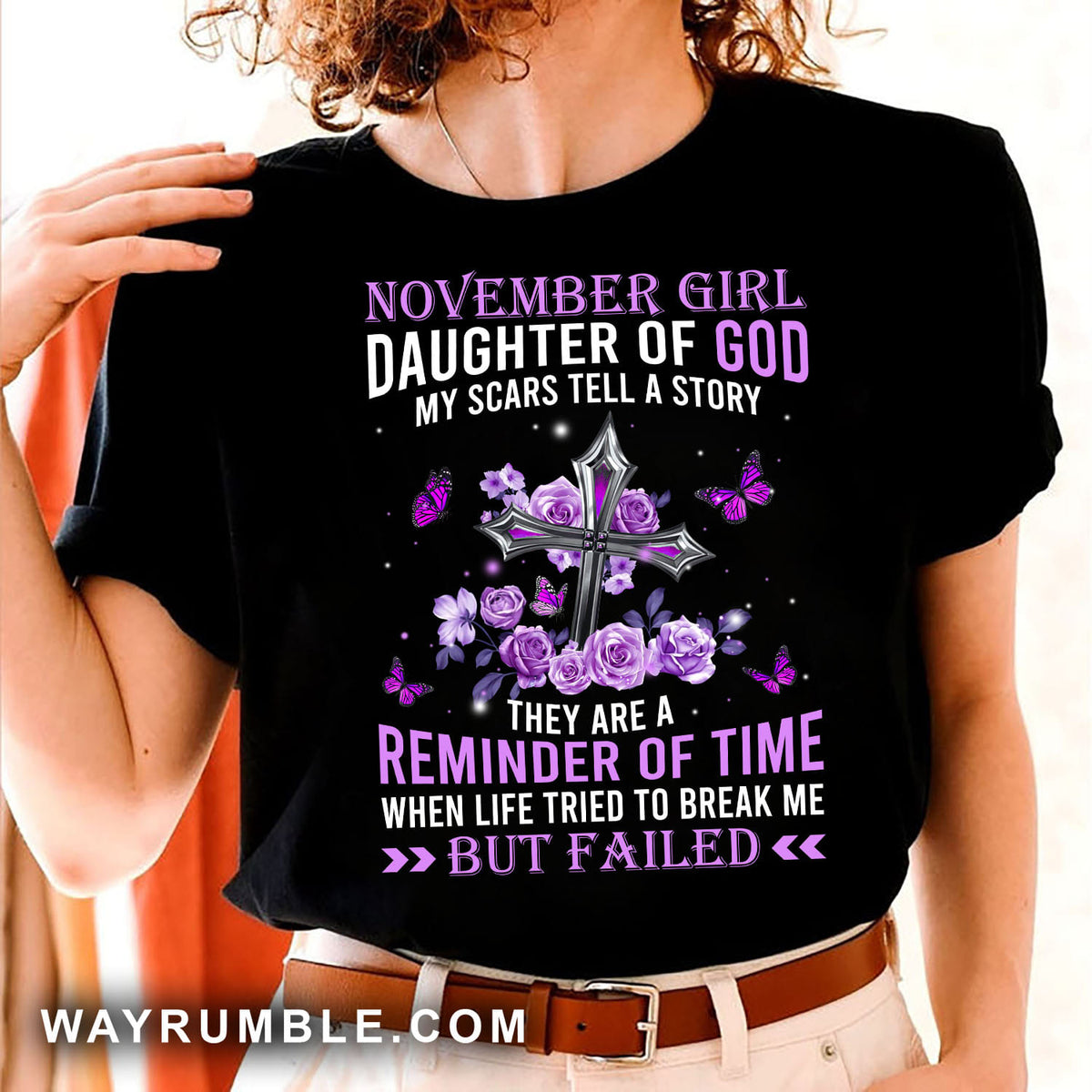 November Girl, Daughter of God, Purple Roses and silver cross - Jesus Black Apparel